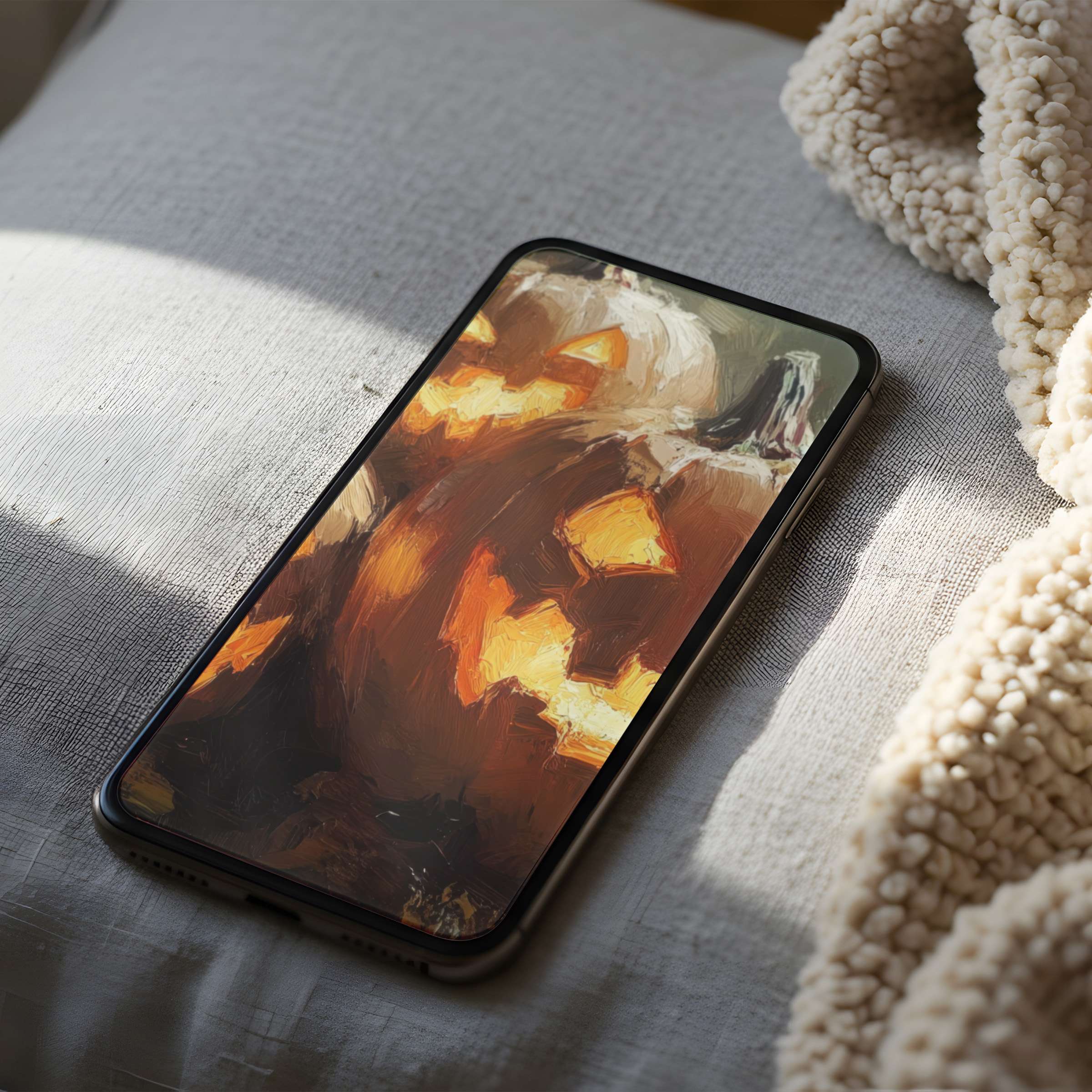 Elegant phone wallpaper showcasing warm, abstract pumpkin art in high resolution, offering a tranquil digital download for all smartphones