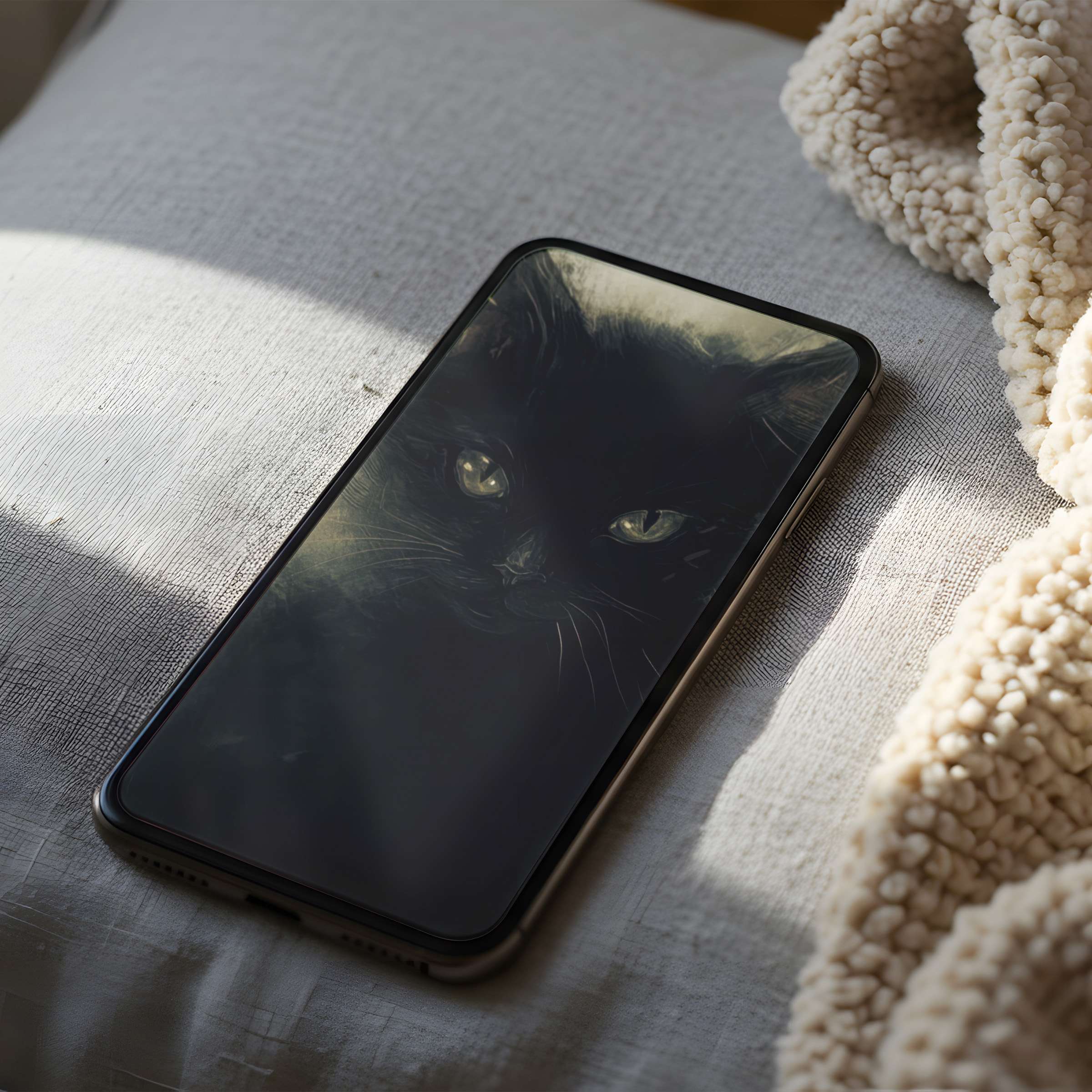 Sleek black cat phone wallpaper captivates on an iPhone nestled in soft textures, offering elegant, high-resolution digital download