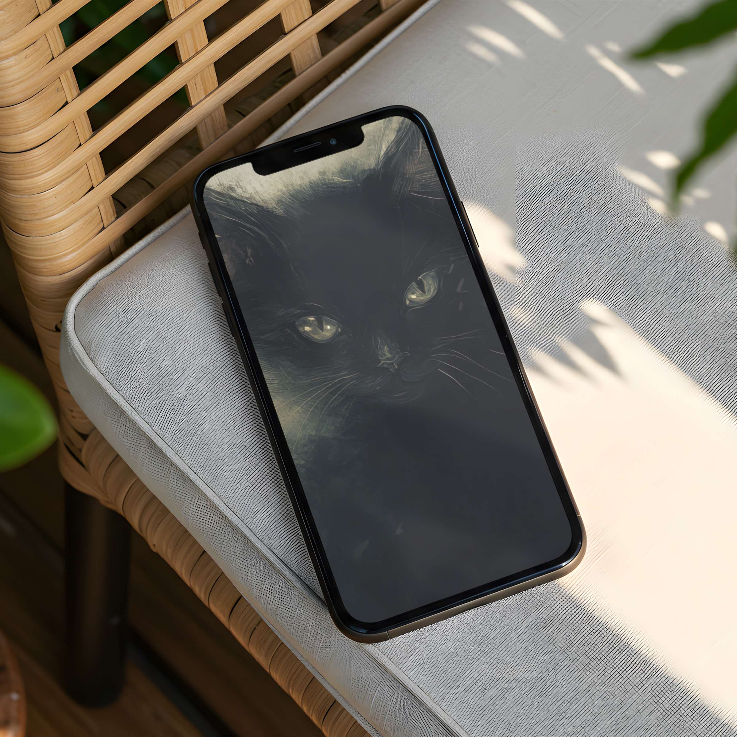 Elegant iPhone background of a serene black cat inspires calm and mindfulness with instant download for any phone users