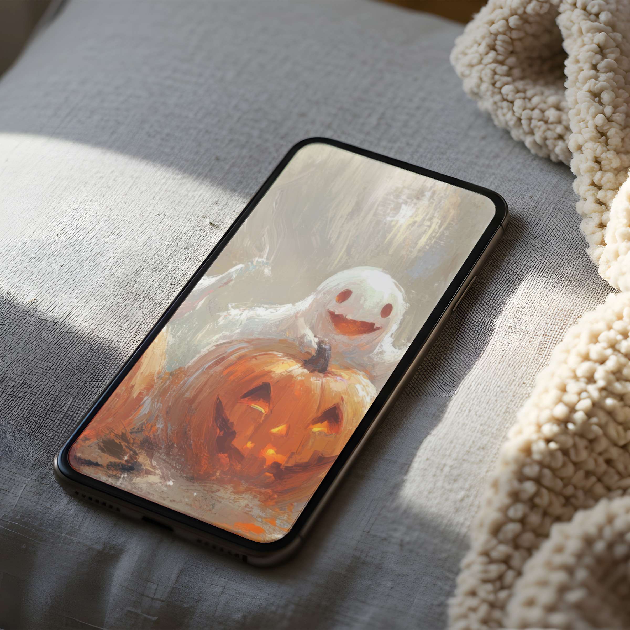Cozy phone wallpaper featuring a cheerful ghost and pumpkin in soft autumn tones, perfect for iPhone and Android download