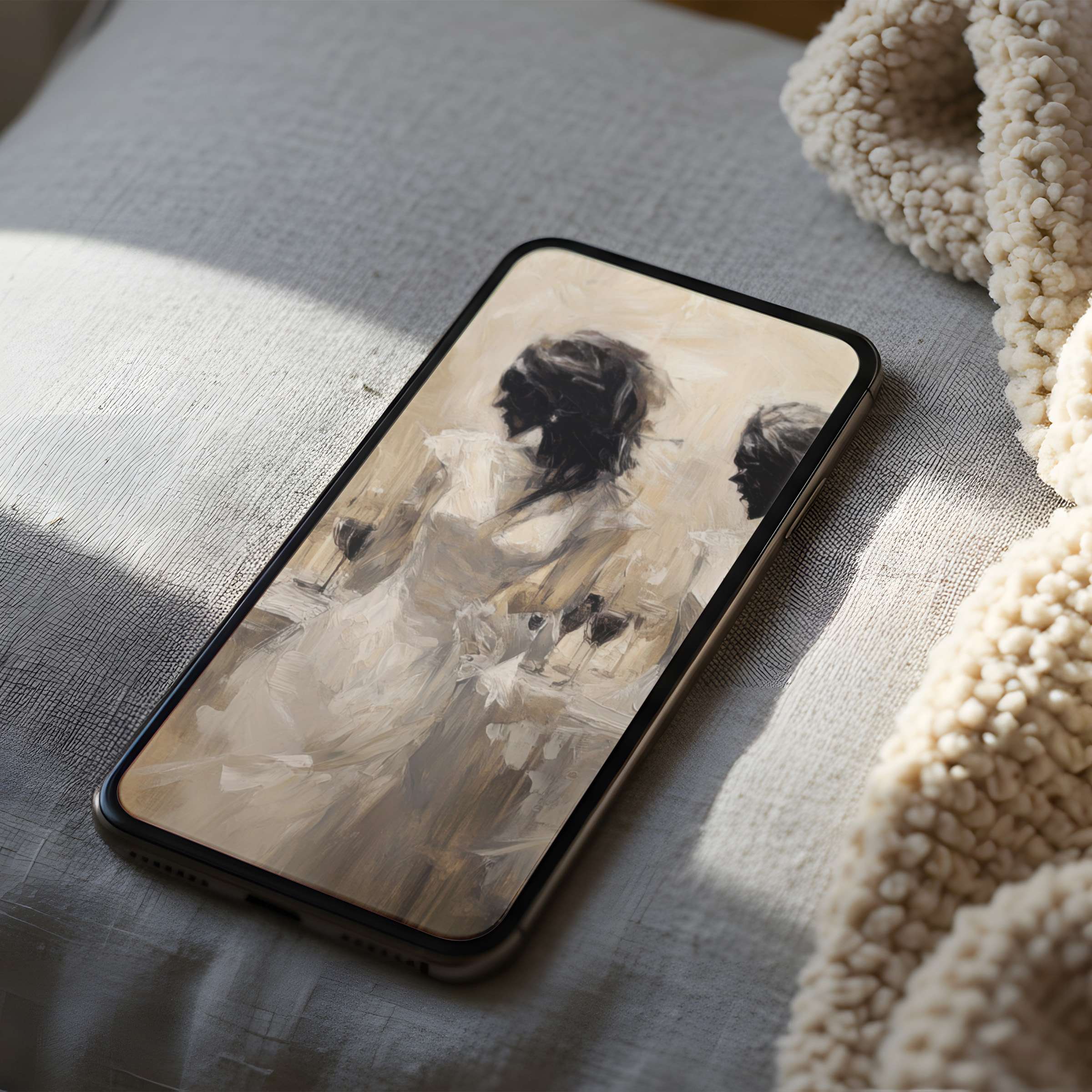 Elegant abstract phone wallpaper with soft beige and black brushstrokes inspires calm, ideal for high resolution iPhone or Android download