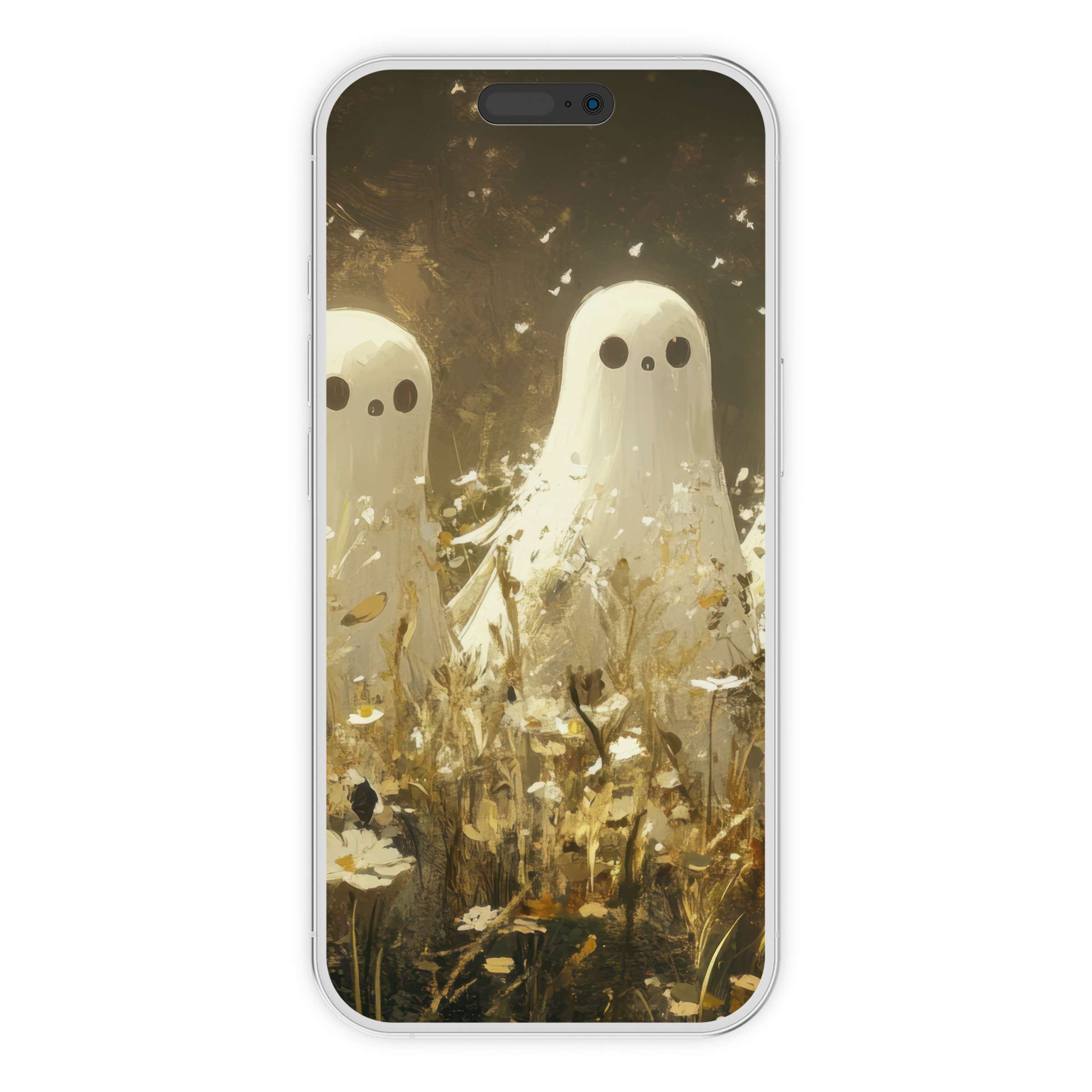 Elegant halloween iPhone wallpaper featuring soft ghost motifs in golden fields, perfect digital download for serene phone background