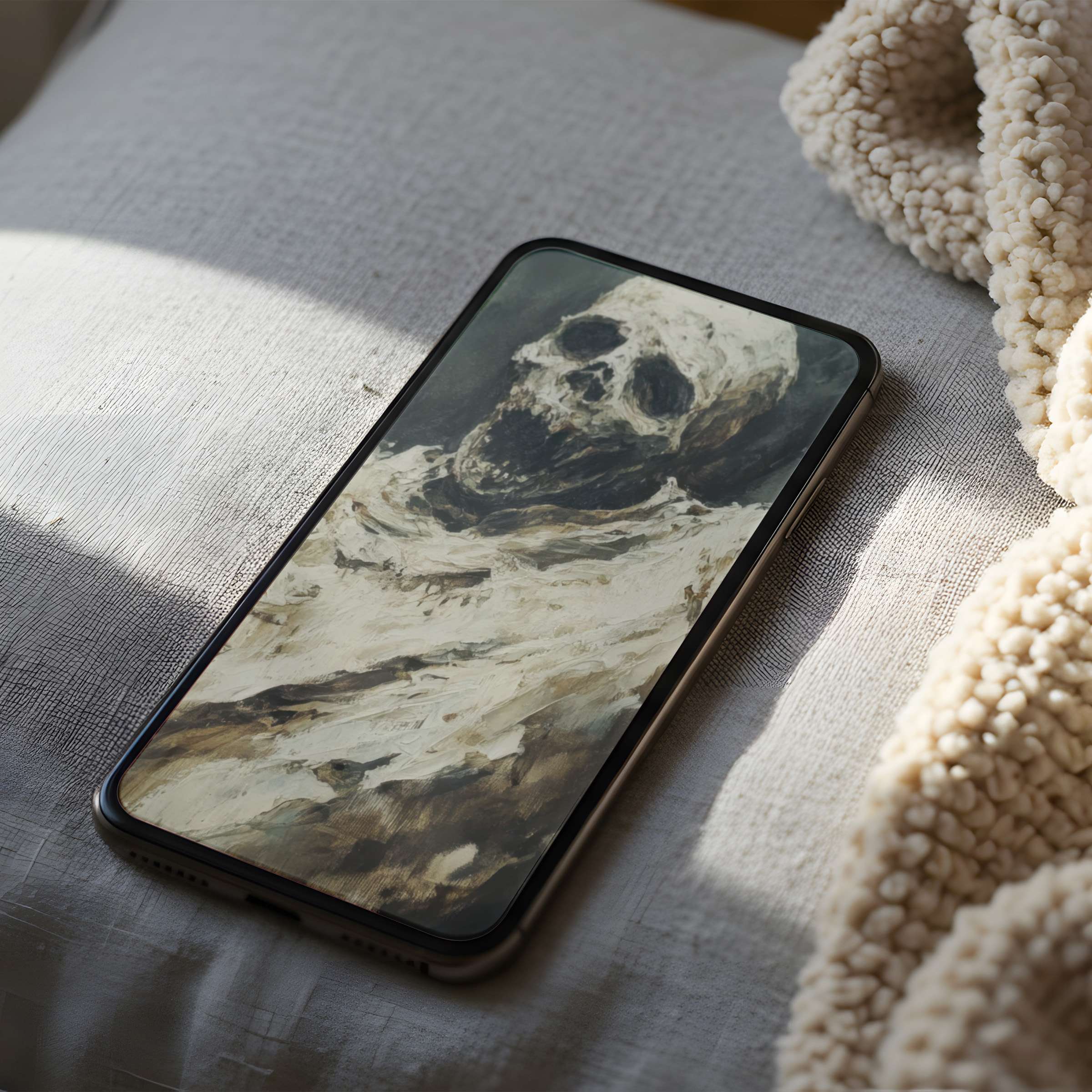 Ethereal phone wallpaper of a serene, abstract skull painting offers high resolution charm for iPhone Android easy digital download