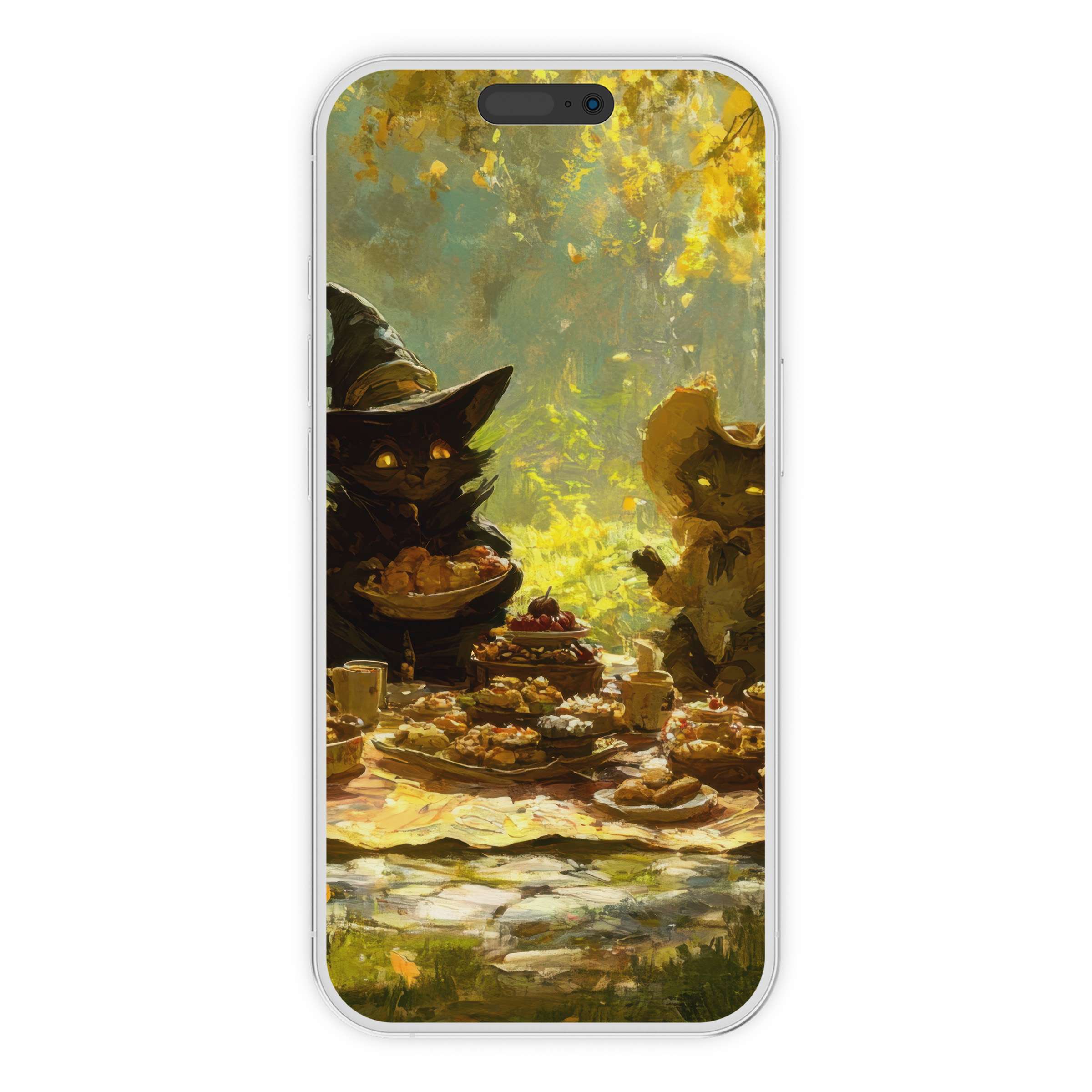 Charming halloween iPhone wallpaper with mystical cats, lush greens, and warm tones for a serene phone background digital download