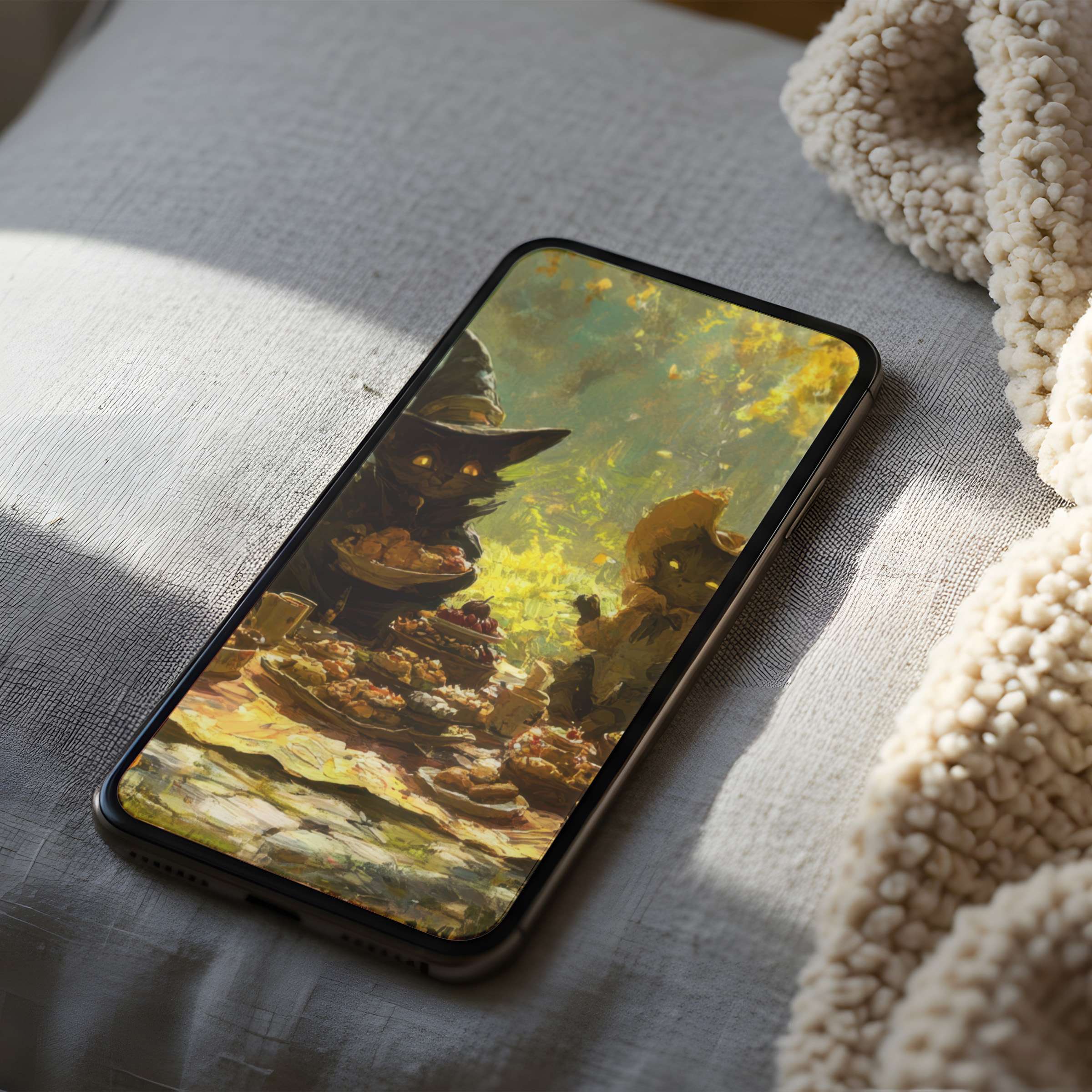 Enchanting phone wallpaper featuring whimsical cats in a serene forest setting, ideal for high resolution downloads on iPhone or Android