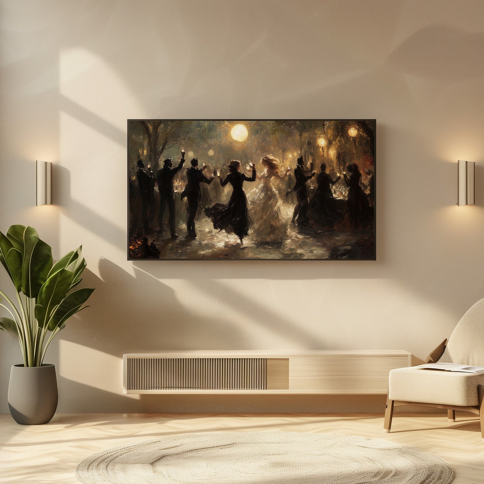 Moody Halloween digital painting of elegant Victorian Vampire dancers under glowing lanterns at night, dark atmospheric scene for sophisticated Samsung Frame TV decor