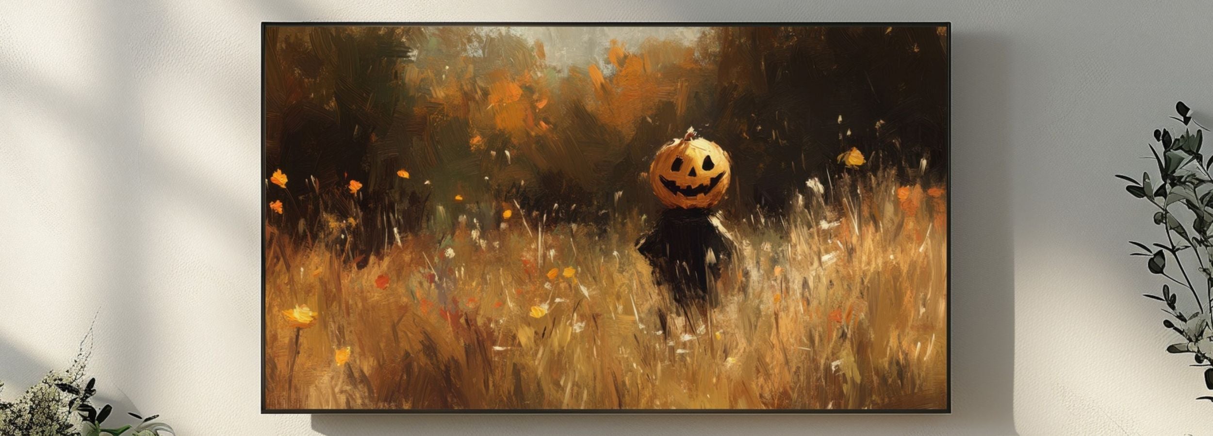 Moody Halloween digital painting with a pumpkin-head figure standing in an autumn field, warm golden tones and textured painterly style for Samsung Frame TV decor