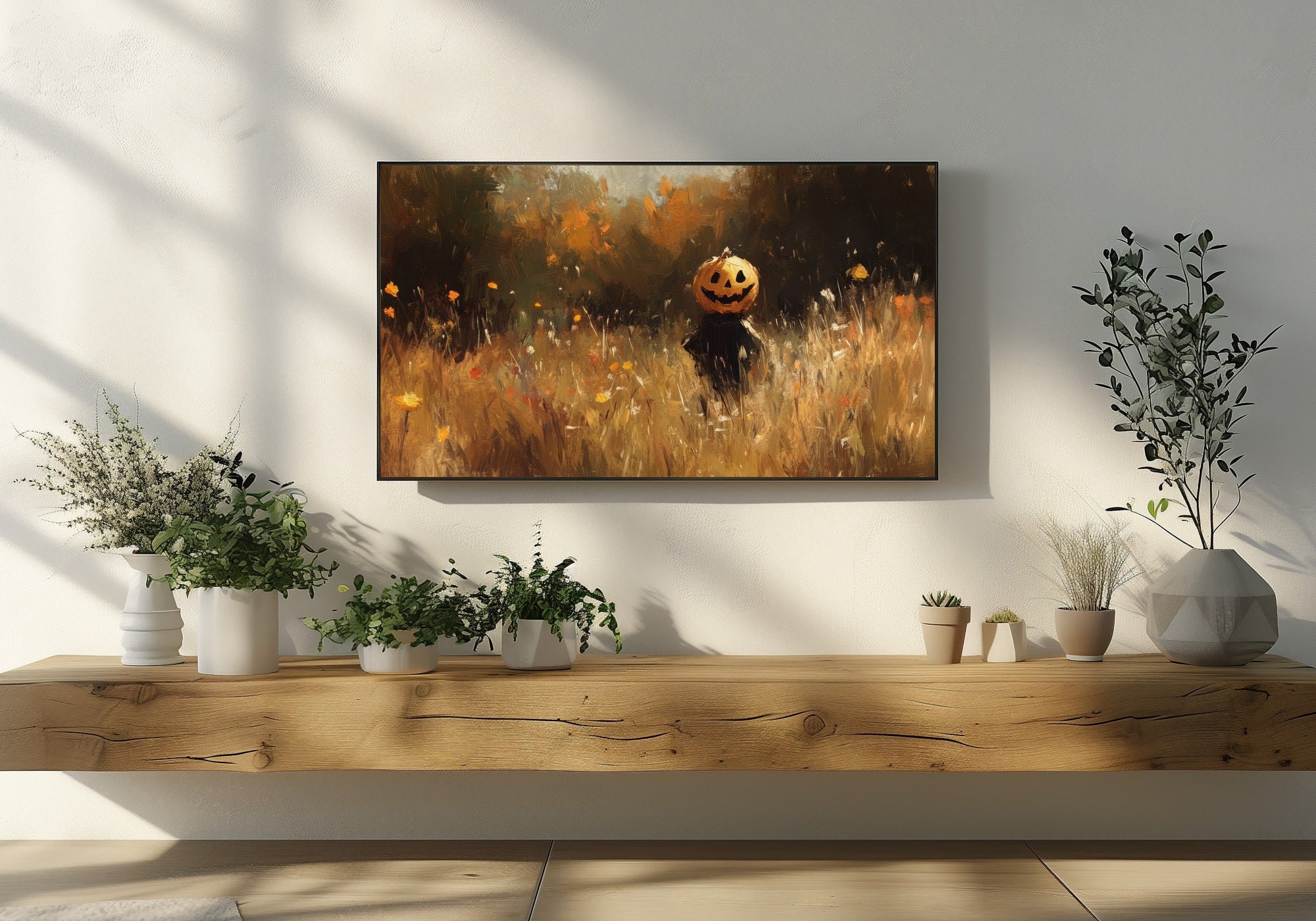 Halloween Frame TV Art featuring a cozy autumn landscape with golden fields and a pumpkin-headed figure - blending seasonal charm and artistic warmth, perfect for Samsung Frame TV décor