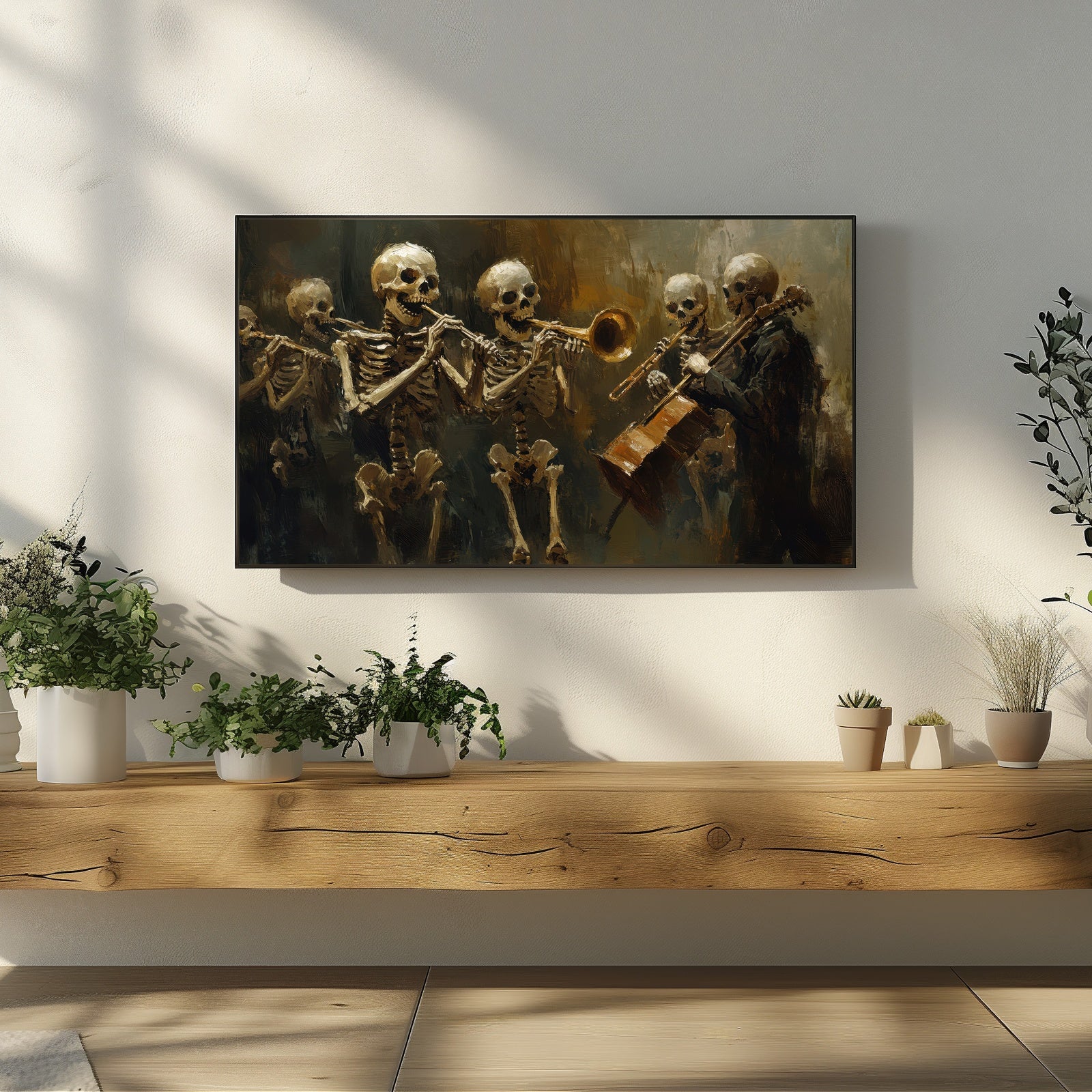 Moody Halloween digital painting of skeletal musicians playing instruments in warm dark tones, atmospheric spooky-chic artwork for Samsung Frame TV decor