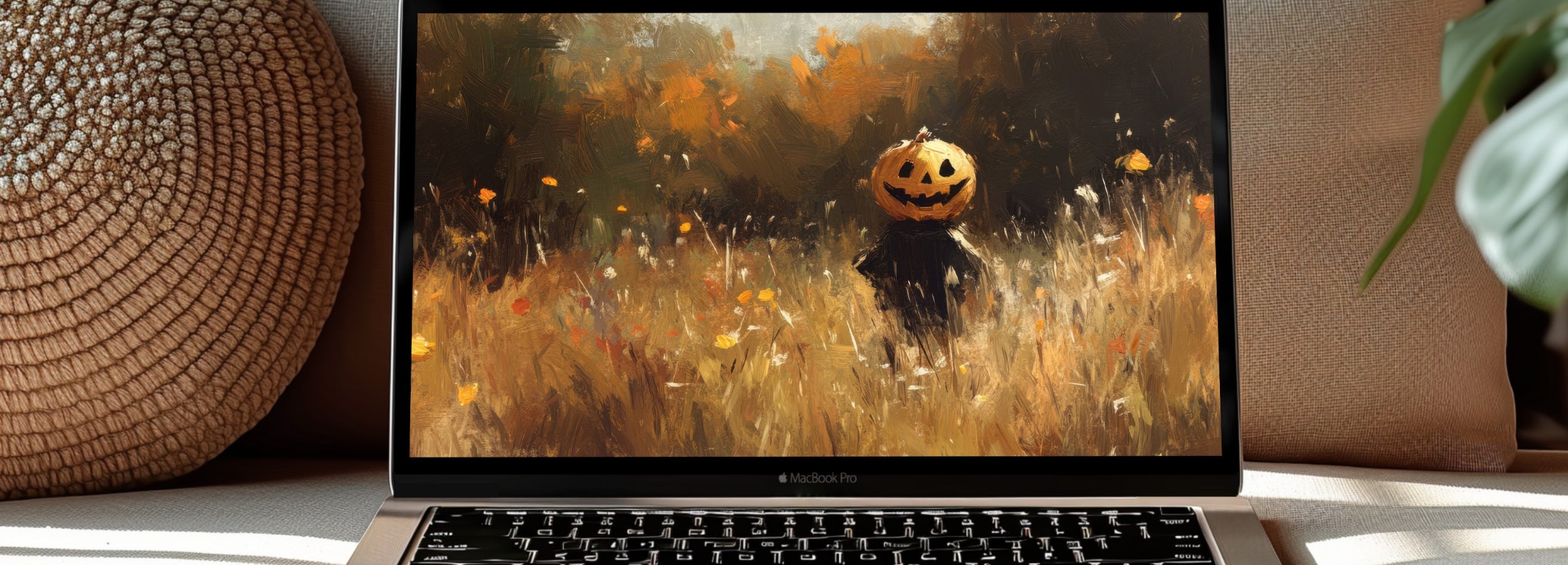 Halloween desktop wallpaper featuring an artistic pumpkin-headed scarecrow in a golden autumn field, blending cozy fall tones with a touch of spooky charm for a stylish seasonal workspace