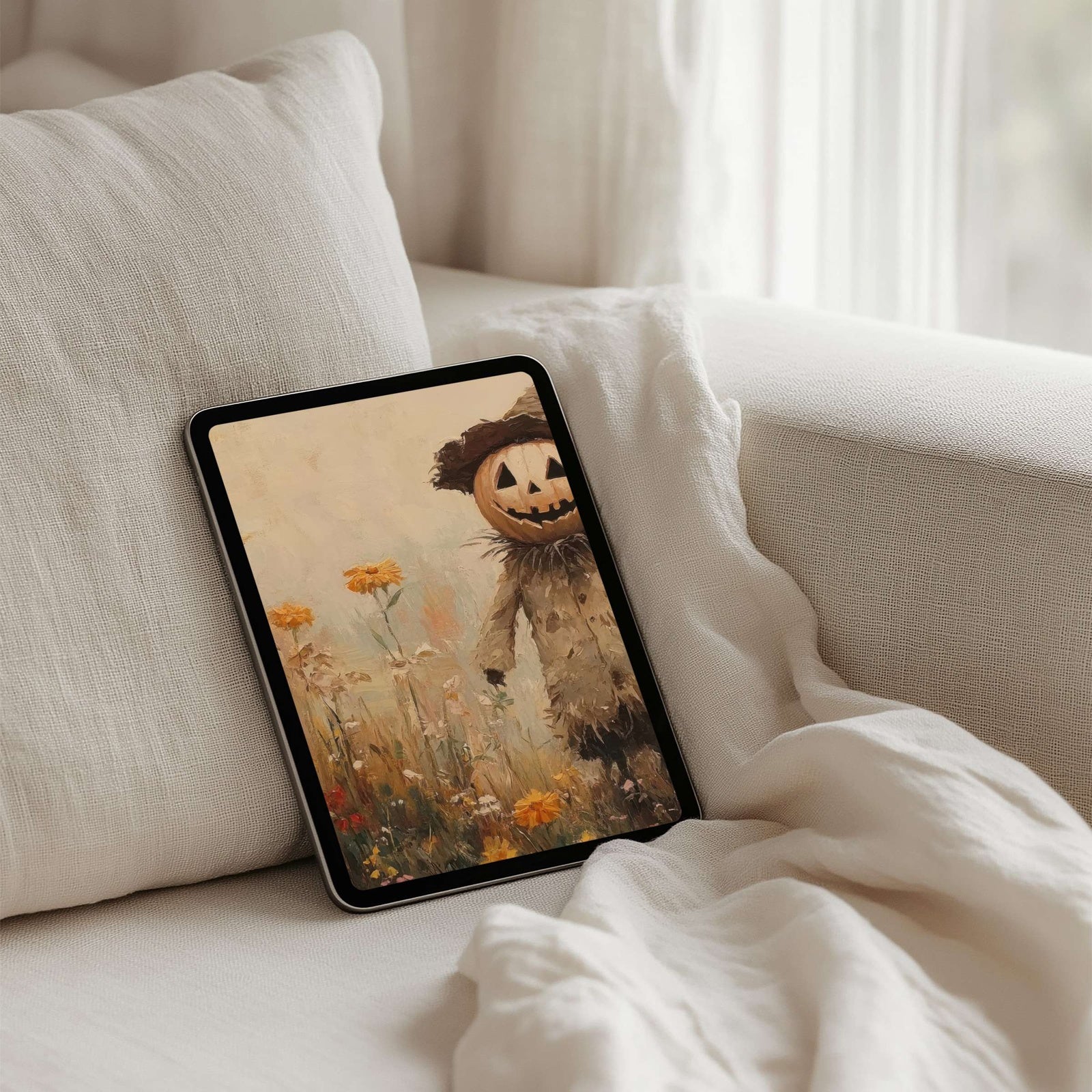 Boho iPad wallpaper featuring a natural wood texture in warm earthy tones, rustic geometric pattern that brings organic charm and cozy modern style to your digital space.
Du:
ChatGPT:
Halloween iPad wallpaper with a pumpkin scarecrow surrounded by wildflowers, warm autumn tones creating a cozy, whimsical tablet background perfect for seasonal digital decor