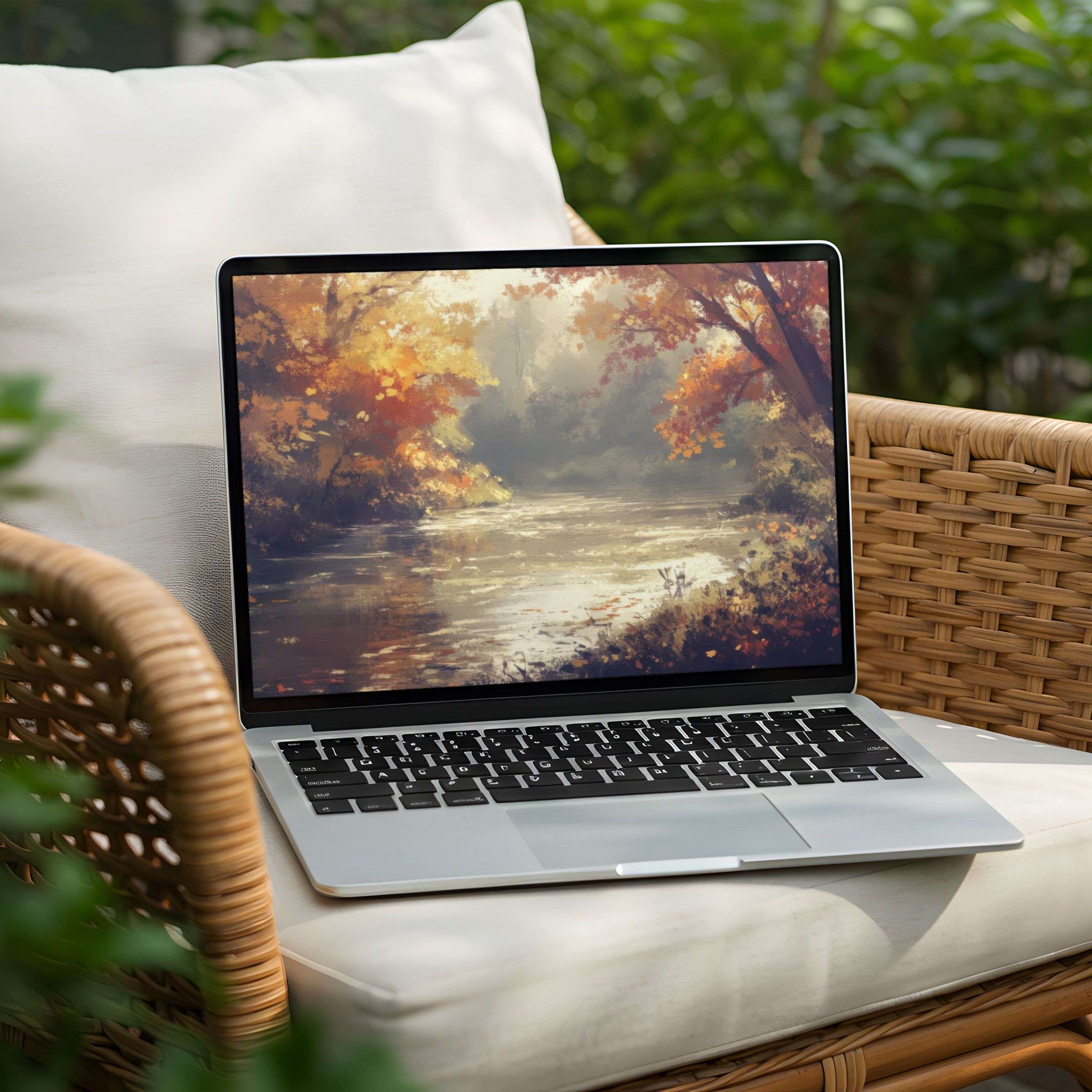 Laptop with serene autumn river scene desktop background for instant download, ideal for PC users seeking calm inspiration