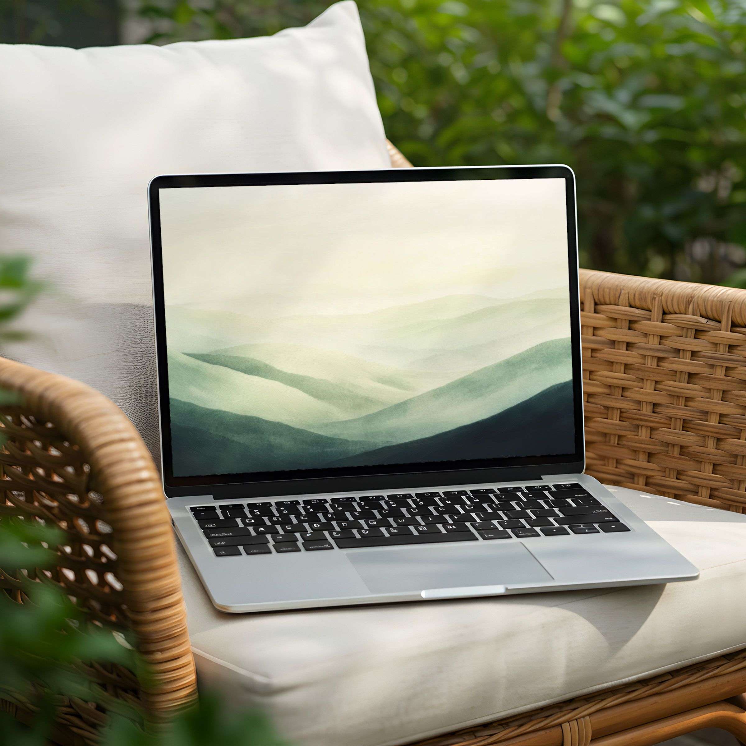 Elegant desktop background of serene green misty hills for PC or Laptop, promoting calm and inspiration via instant download