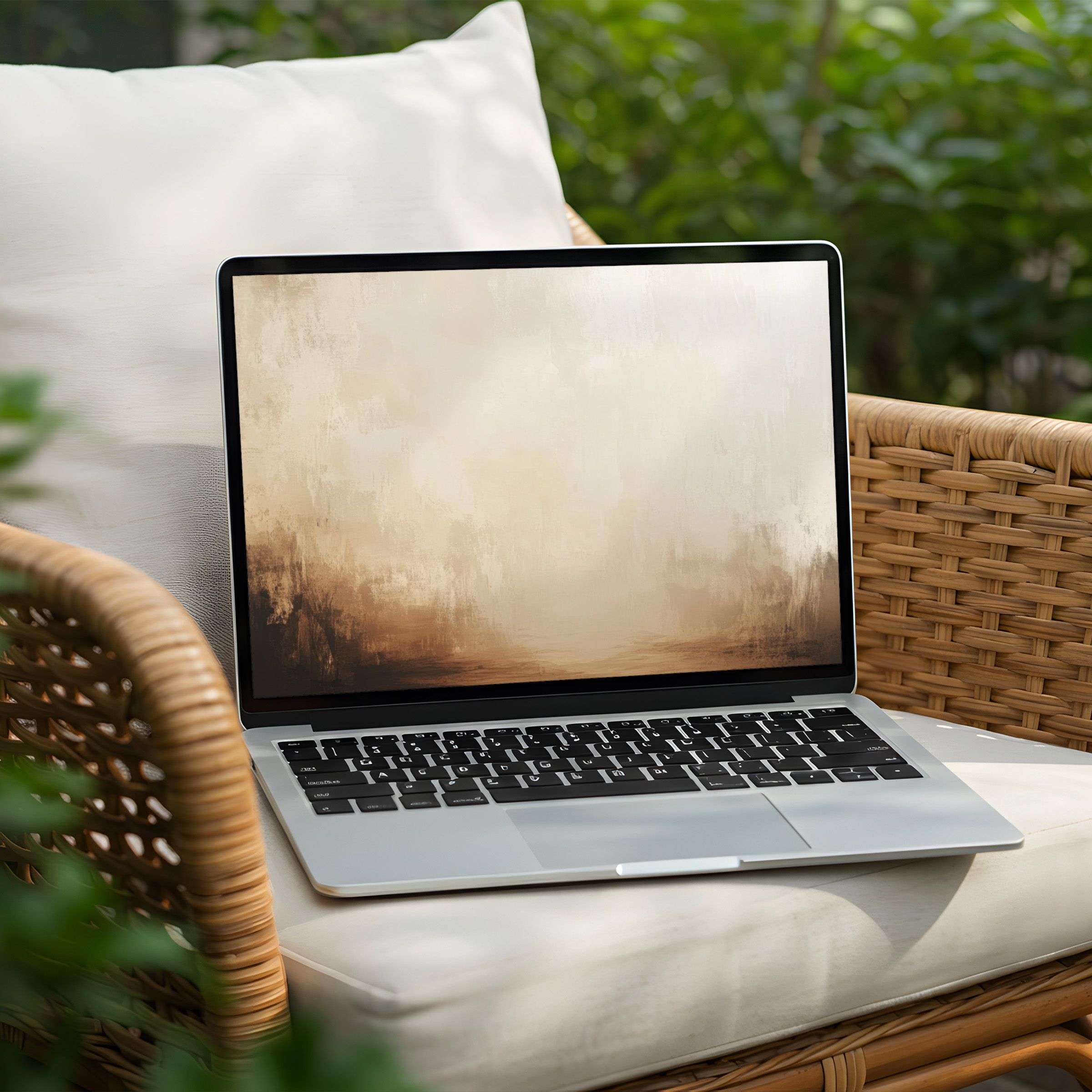 Elegant desktop background on a laptop showcasing soft beige textures, available for instant download to inspire calm and mindfulness