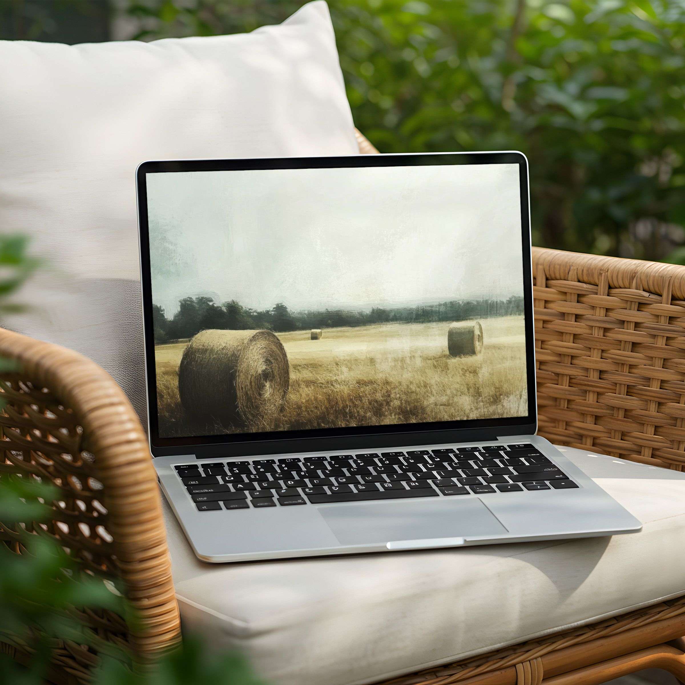 Serene hayfield scene desktop background for instant download on PC or Laptop inspires calm and elegance with artistic charm