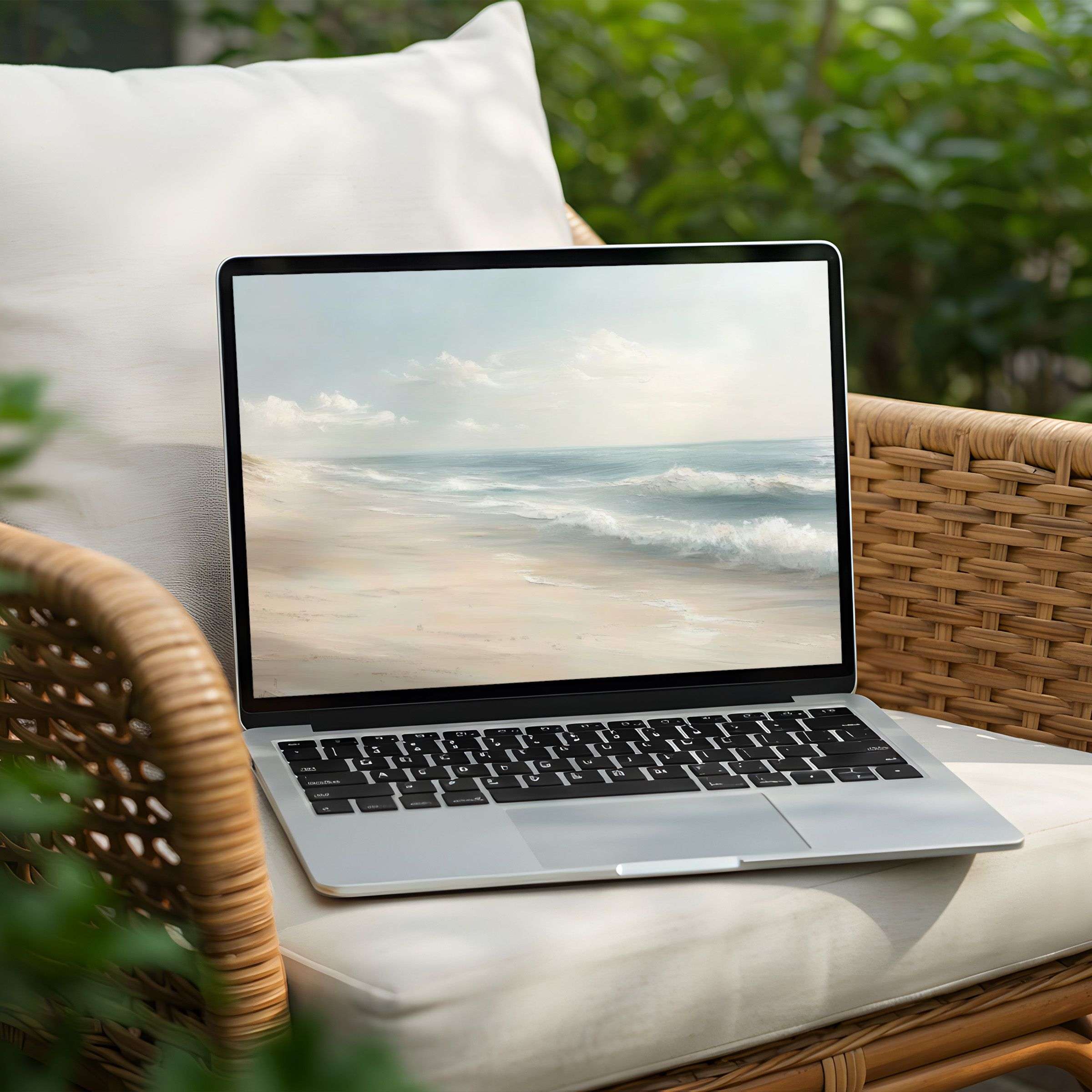 Calm beach scene desktop background for PC and laptop offers instant download for elegance and mindfulness in digital art