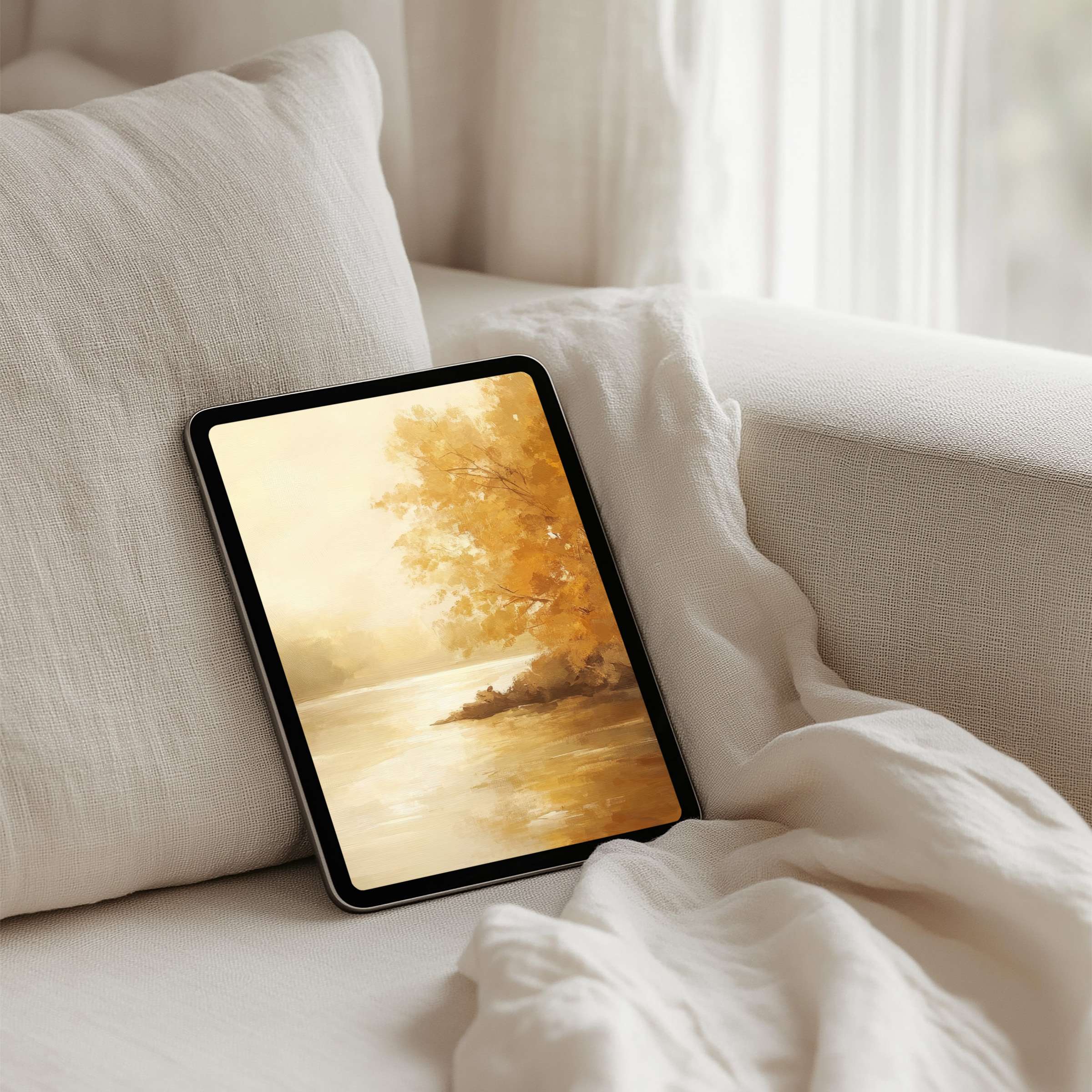 Elegant autumn landscape watercolor creates a calm iPad background for instant download, perfect for any tablet aesthetic inspiration