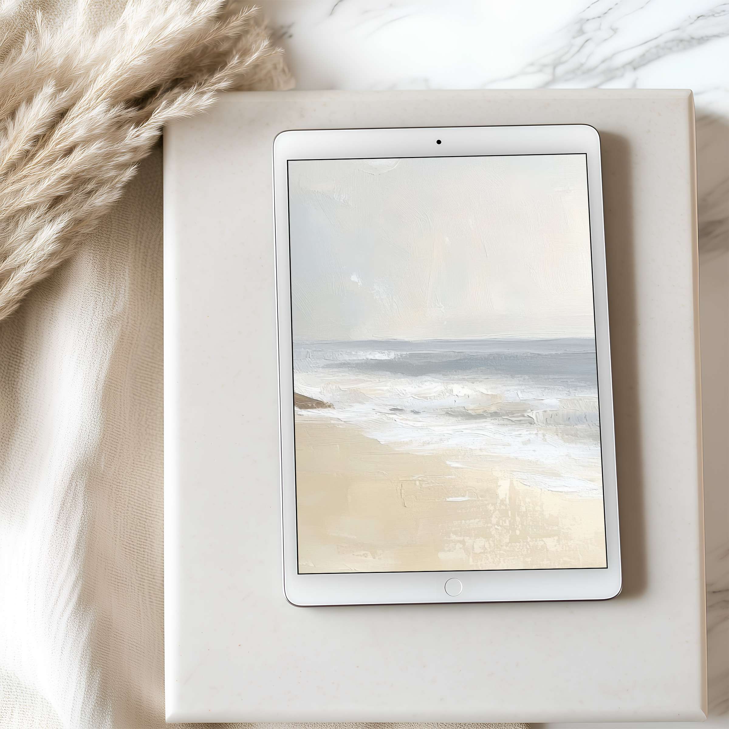 Elegant seascape tablet wallpaper in soft neutrals, perfect for iPad or Android download, adds calm to a curated minimalist space