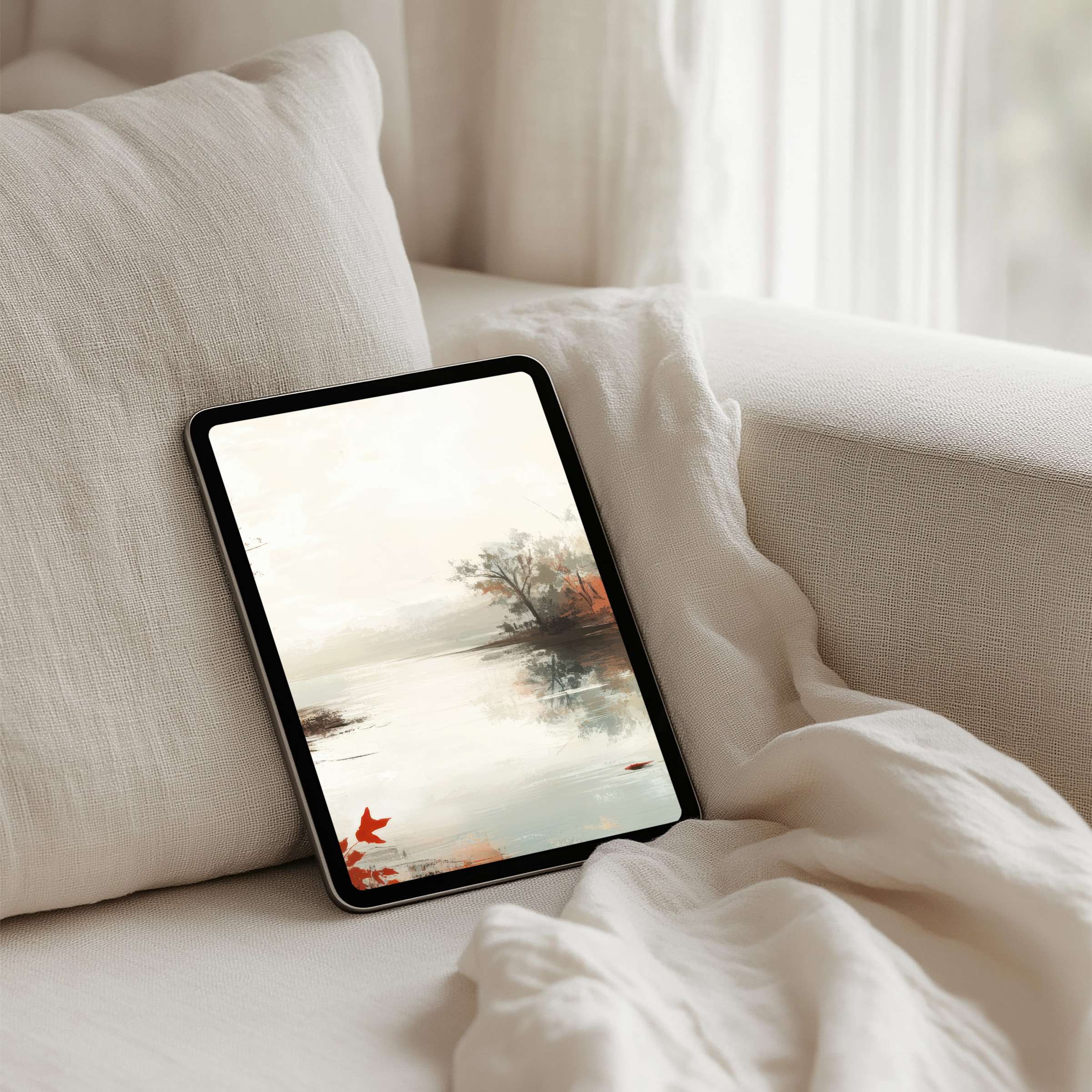 Serene watercolor landscape iPad background for instant download evokes tranquility and fits tablets, enhancing mindful elegance