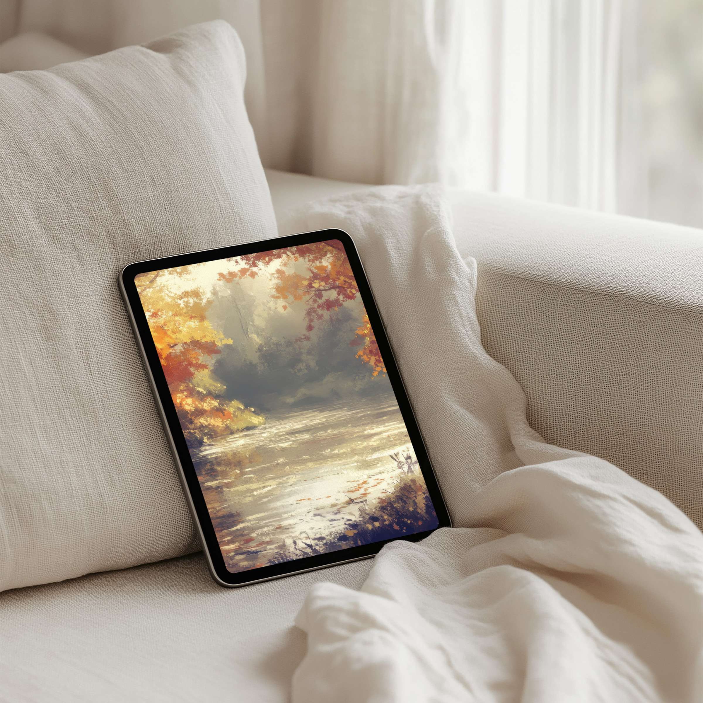Cozy autumn landscape as iPad background on a soft white sofa offers instant download for tablet users seeking elegance and calm tranquility
