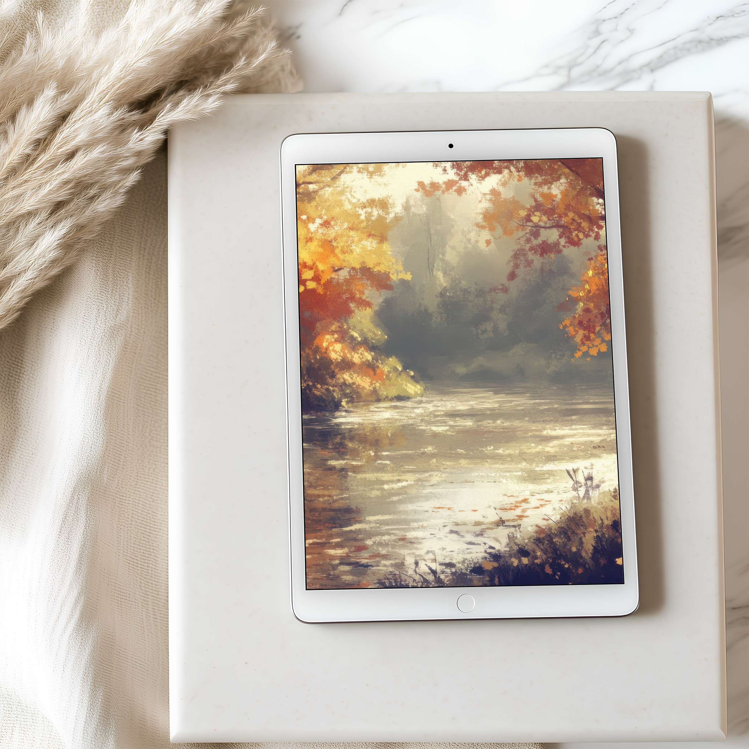 Elegant autumn scene on tablet wallpaper with serene river, perfect for high-resolution iPad and Android display, digital download