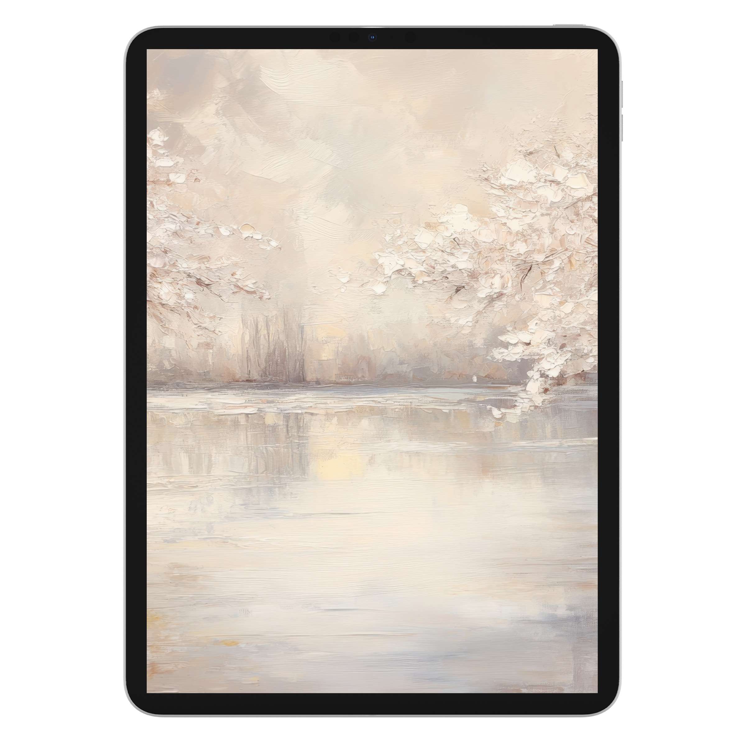 Landscape iPad wallpaper featuring serene pastel textures of a misty lake and blossom trees, ideal digital download for tablet background