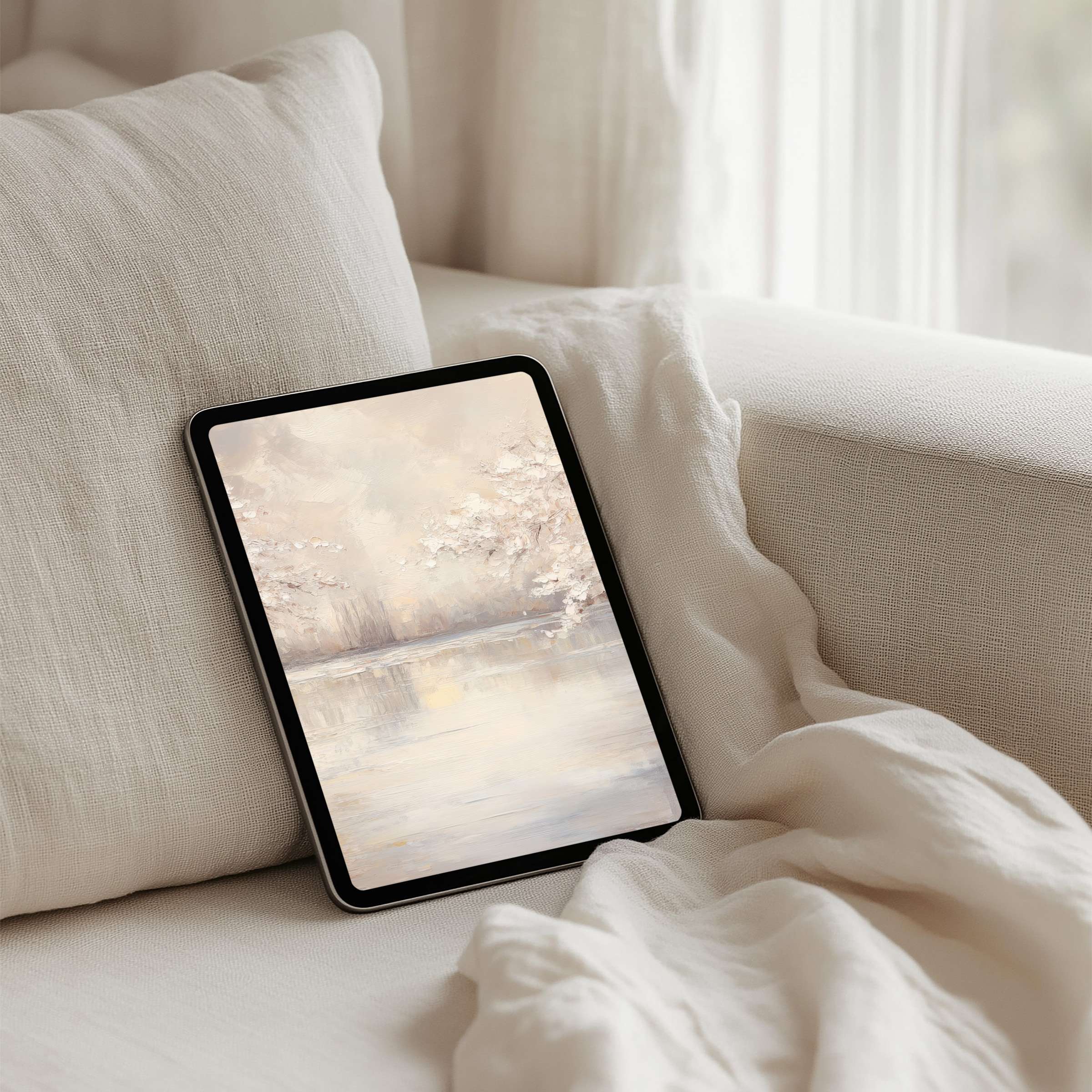 Elegant iPad background with serene pastel landscape offers instant download for tablet calm and mindfulness amid soft linens
