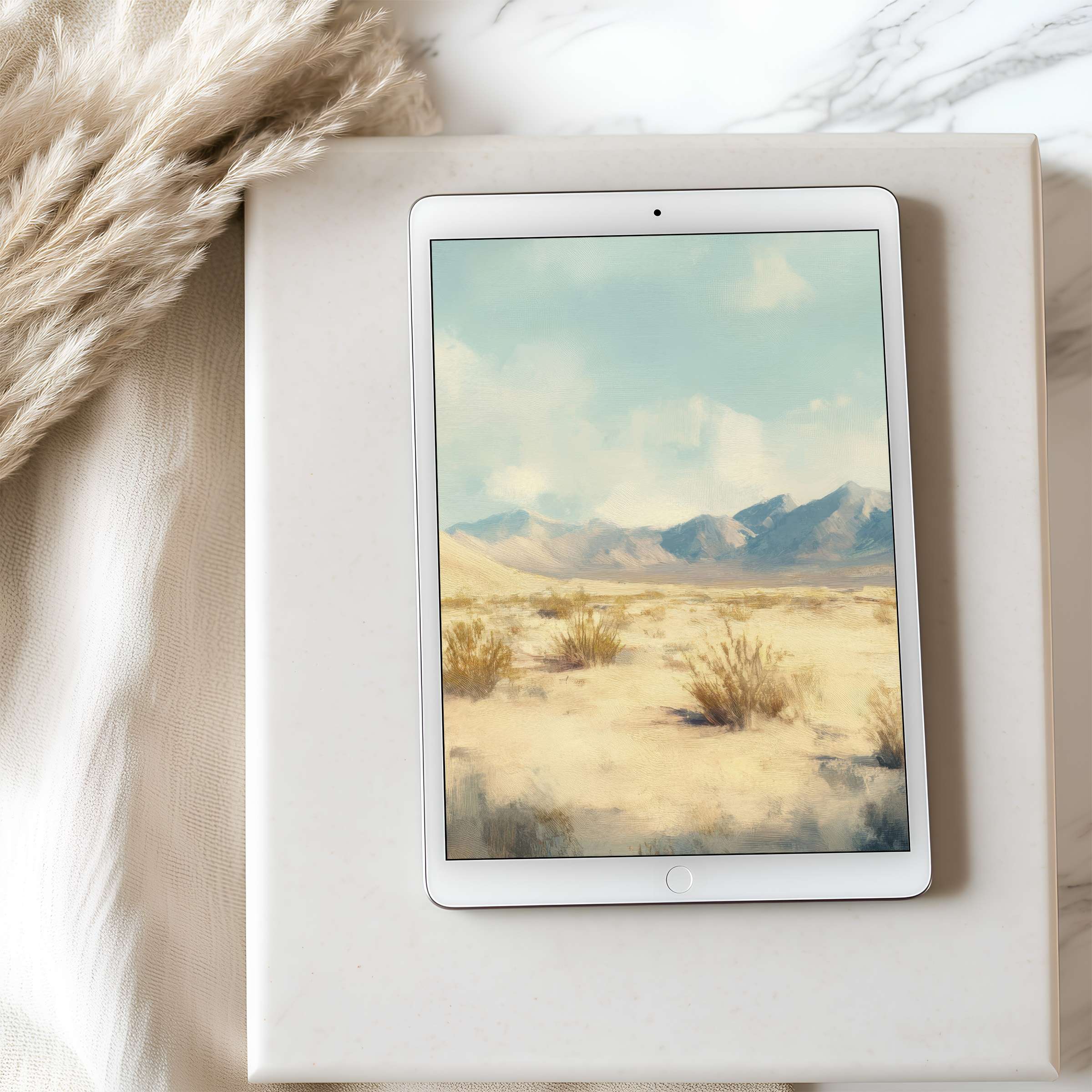 Serene desert landscape tablet wallpaper in soft pastels enhances any iPad screen with high resolution beauty crafted for digital download
