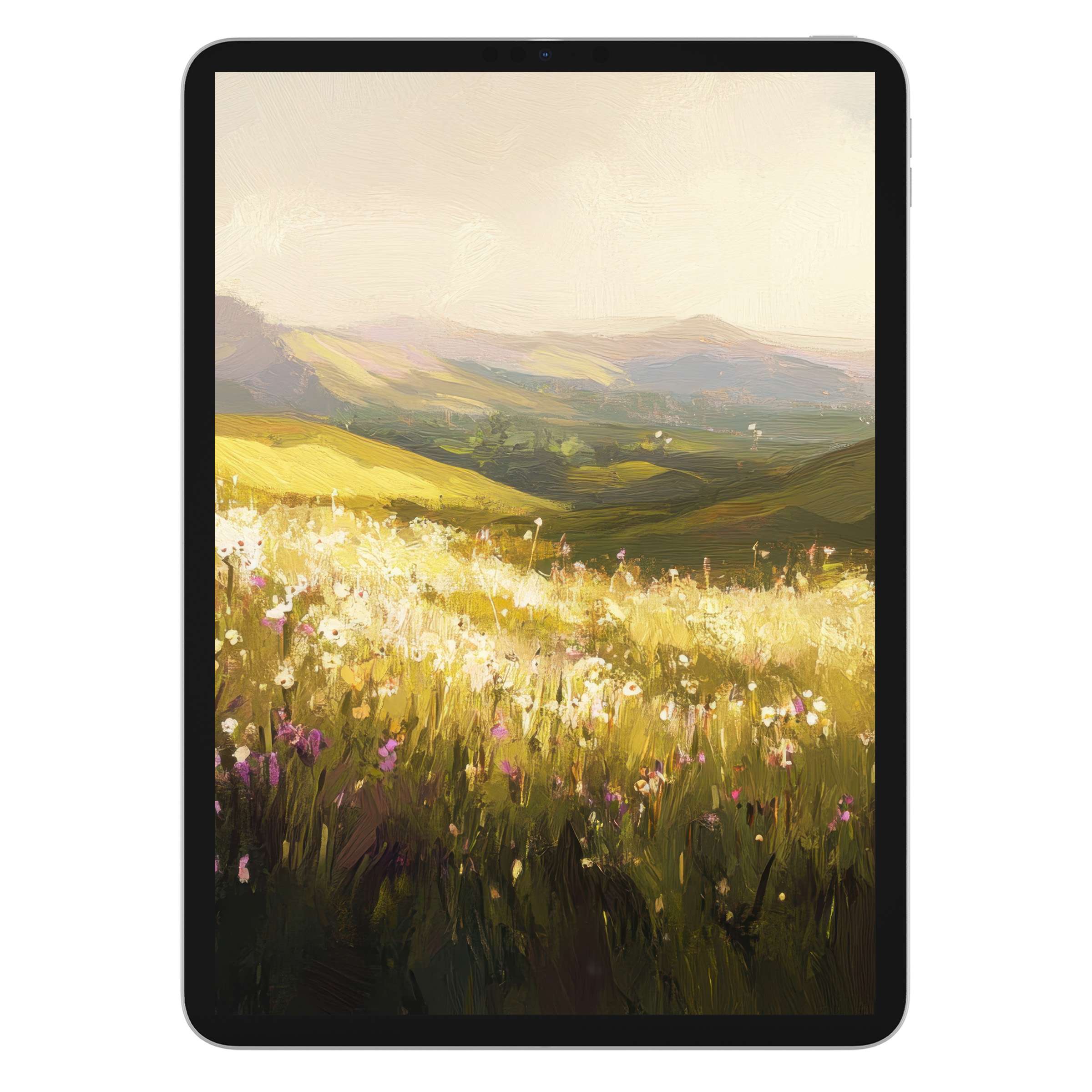 Serene landscape iPad wallpaper in soft pastels and vivid hues offers a digital download for a soothing tablet background ambiance