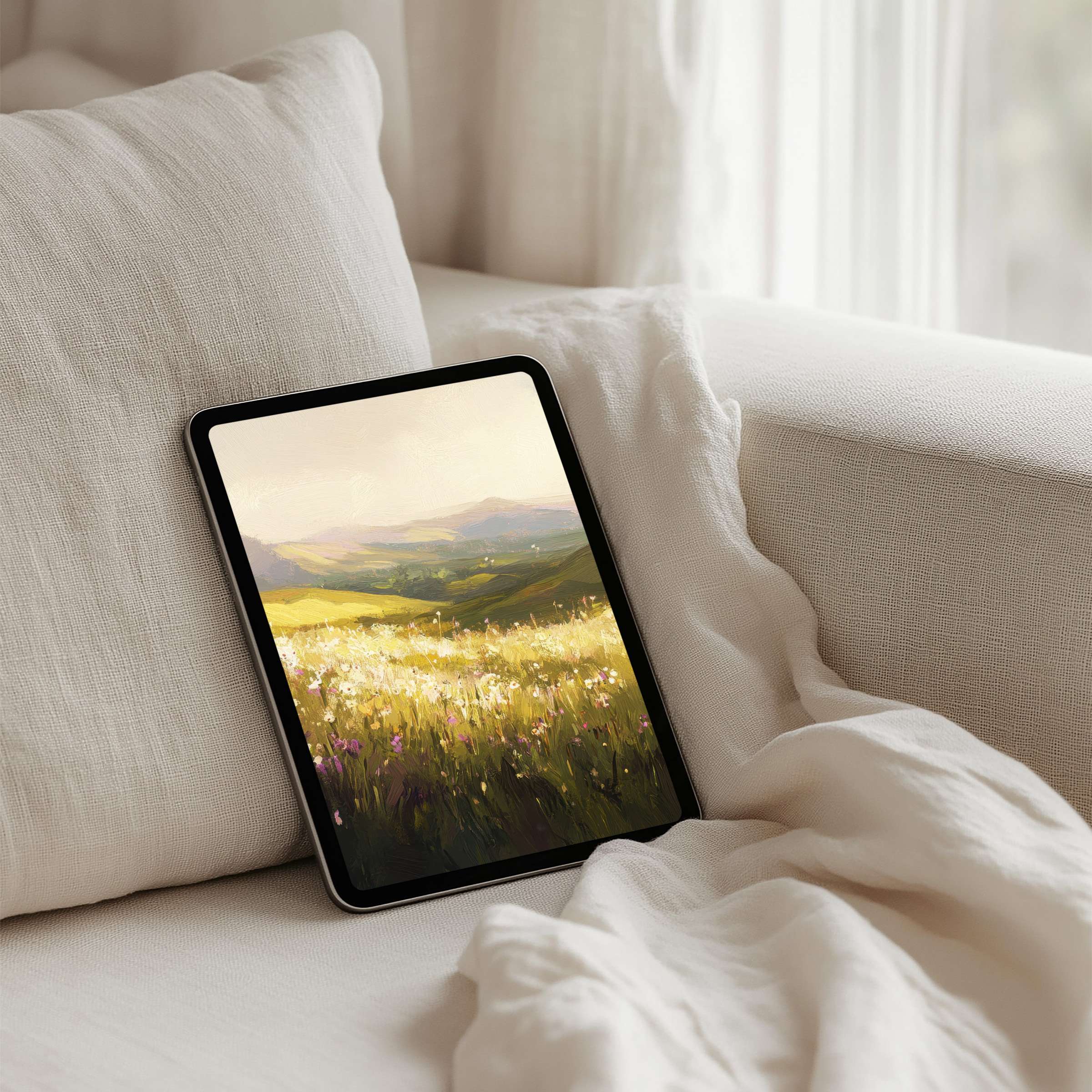 Elegant iPad background with serene landscape art offering instant download for tablet users seeking calm and inspiration