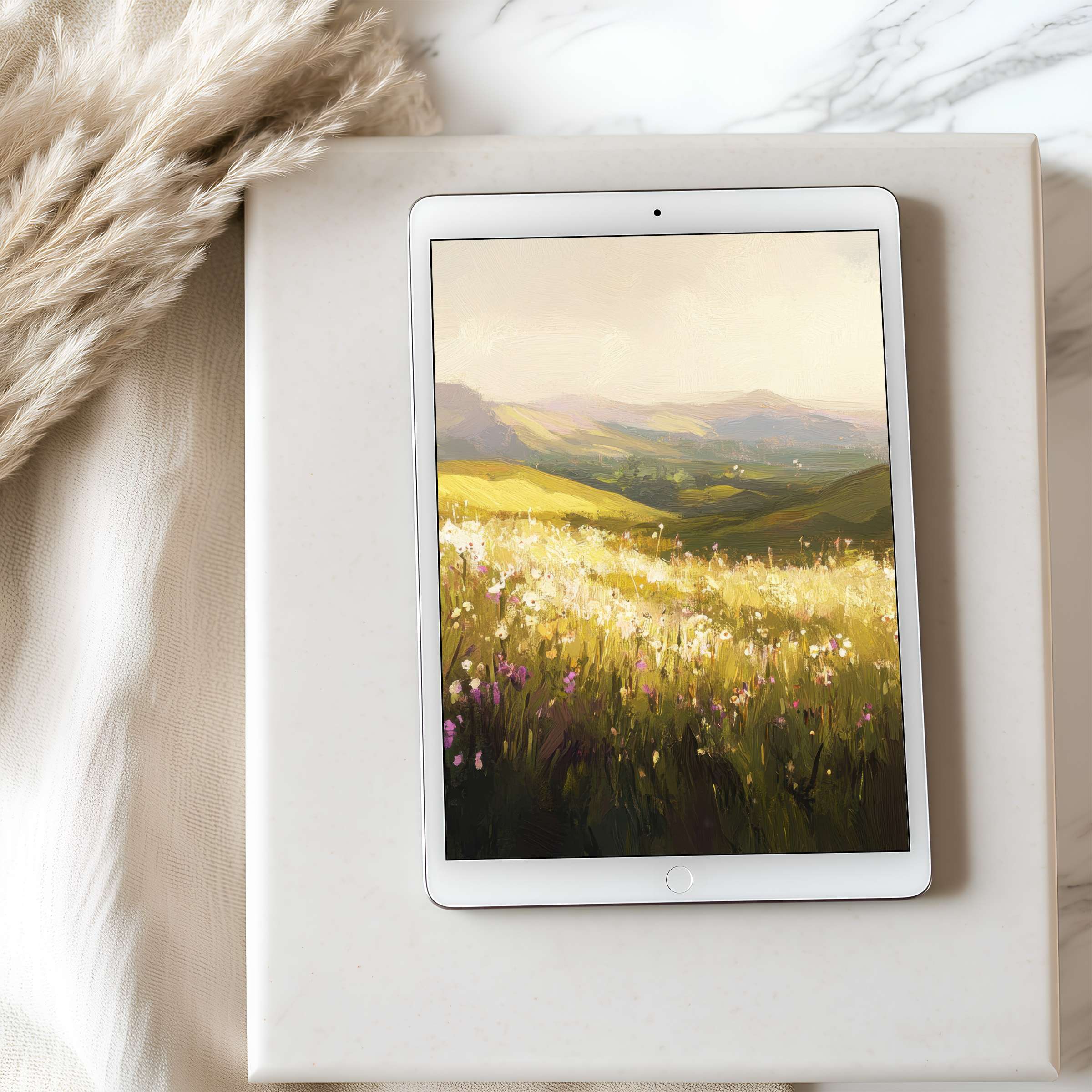 Tablet wallpaper with serene landscape painting featuring golden fields under soft skies ideal for iPad, a high-resolution digital download