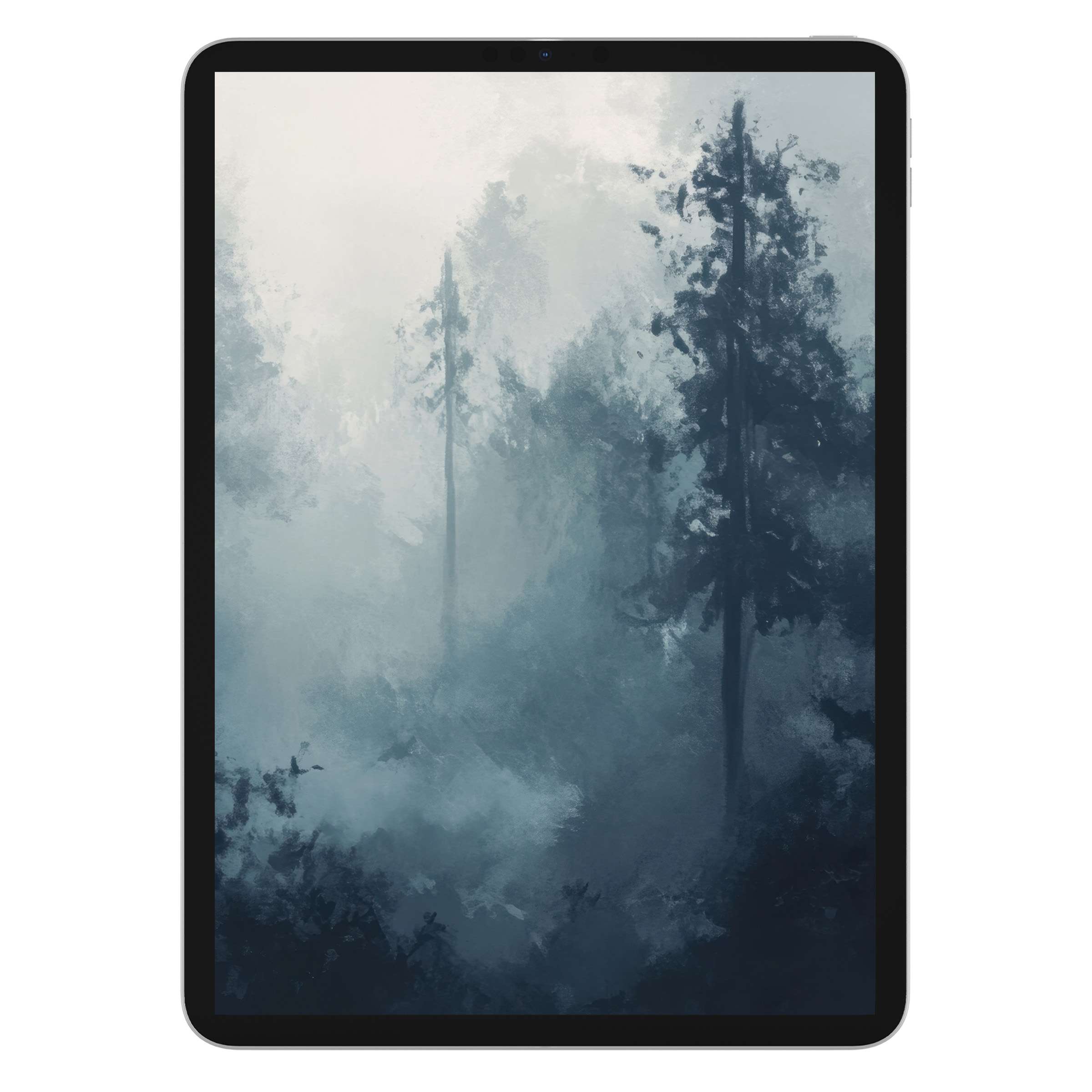Dreamy forest landscape iPad wallpaper with misty blues, perfect tablet background for tranquility and balance digital download
