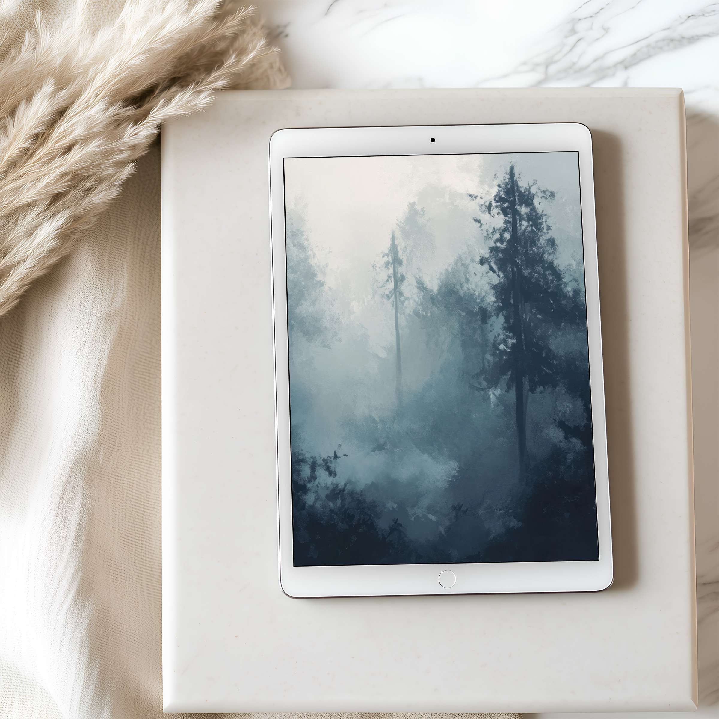 Misty forest digital art tablet wallpaper evokes serenity, ideal for high resolution iPad or Android tablets, boosting calm spaces