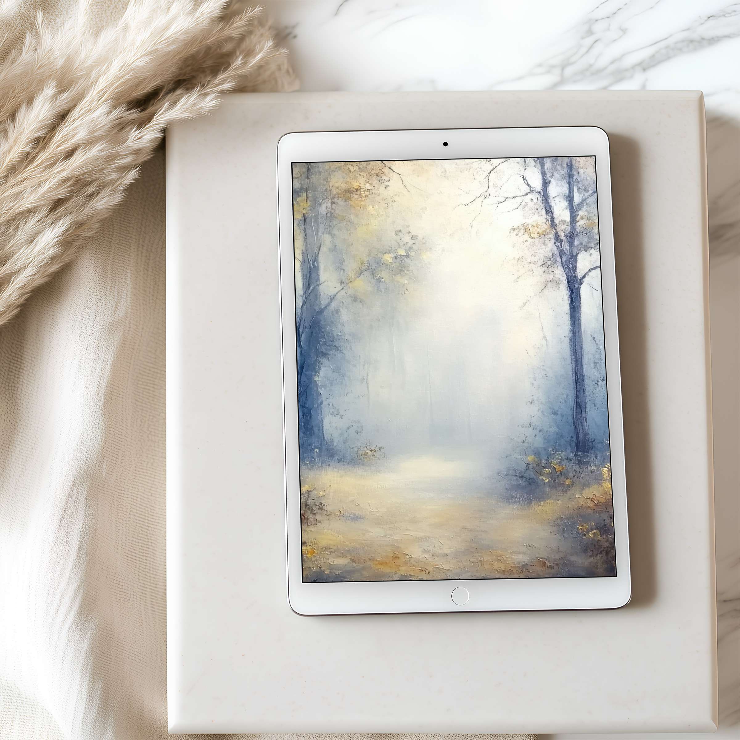 Elegant tablet wallpaper featuring serene misty forest in soft blues and golds suits any iPad or Android tablet digital download