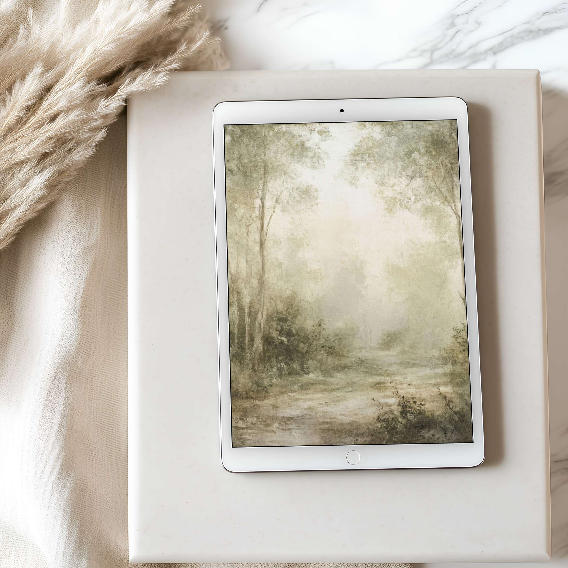 Elegant tablet wallpaper with serene forest motif in soft greens creating a calm space suitable for iPad and Android downloads
