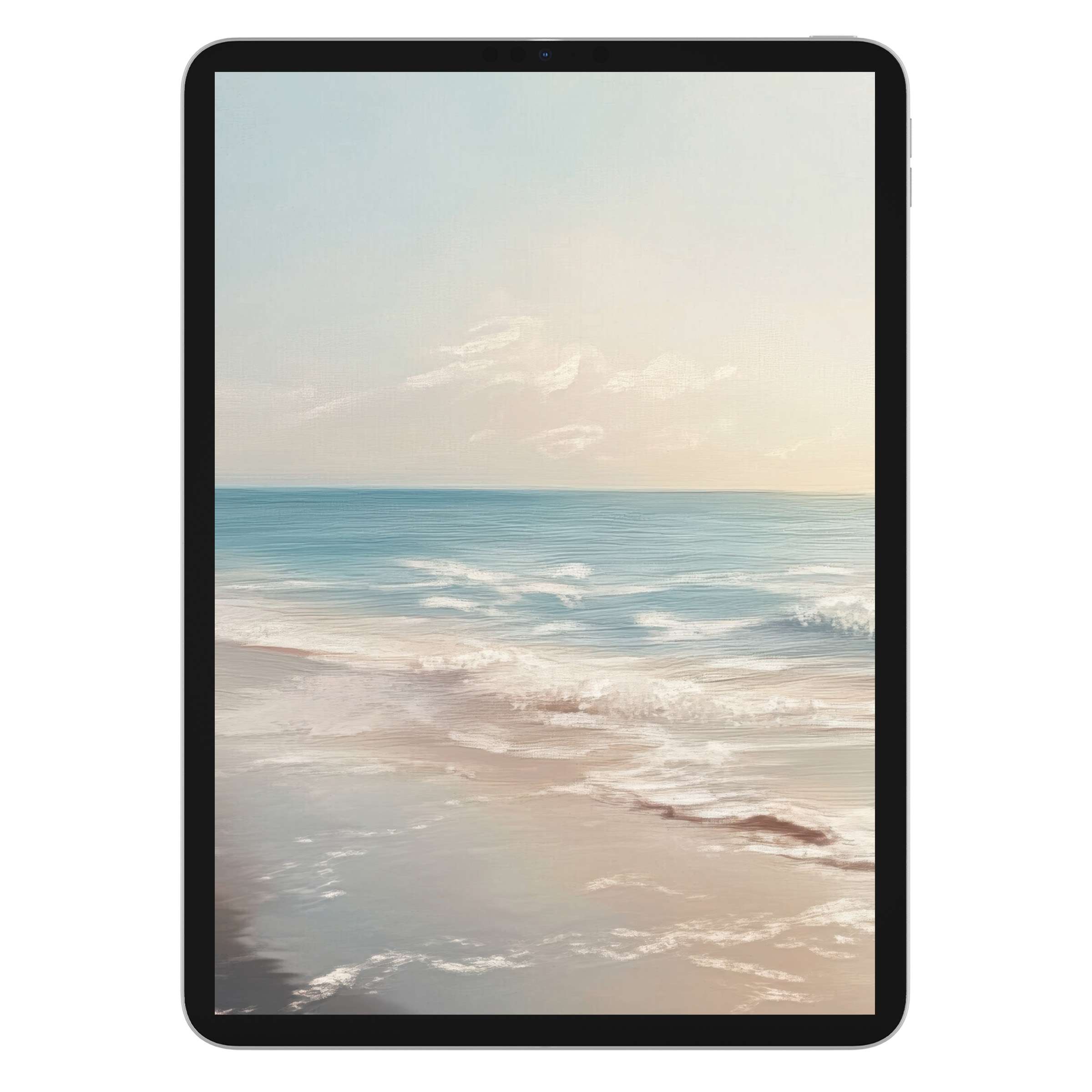 Calming landscape iPad wallpaper featuring serene ocean waves and pastel skies, ideal digital download for tablet background art lovers