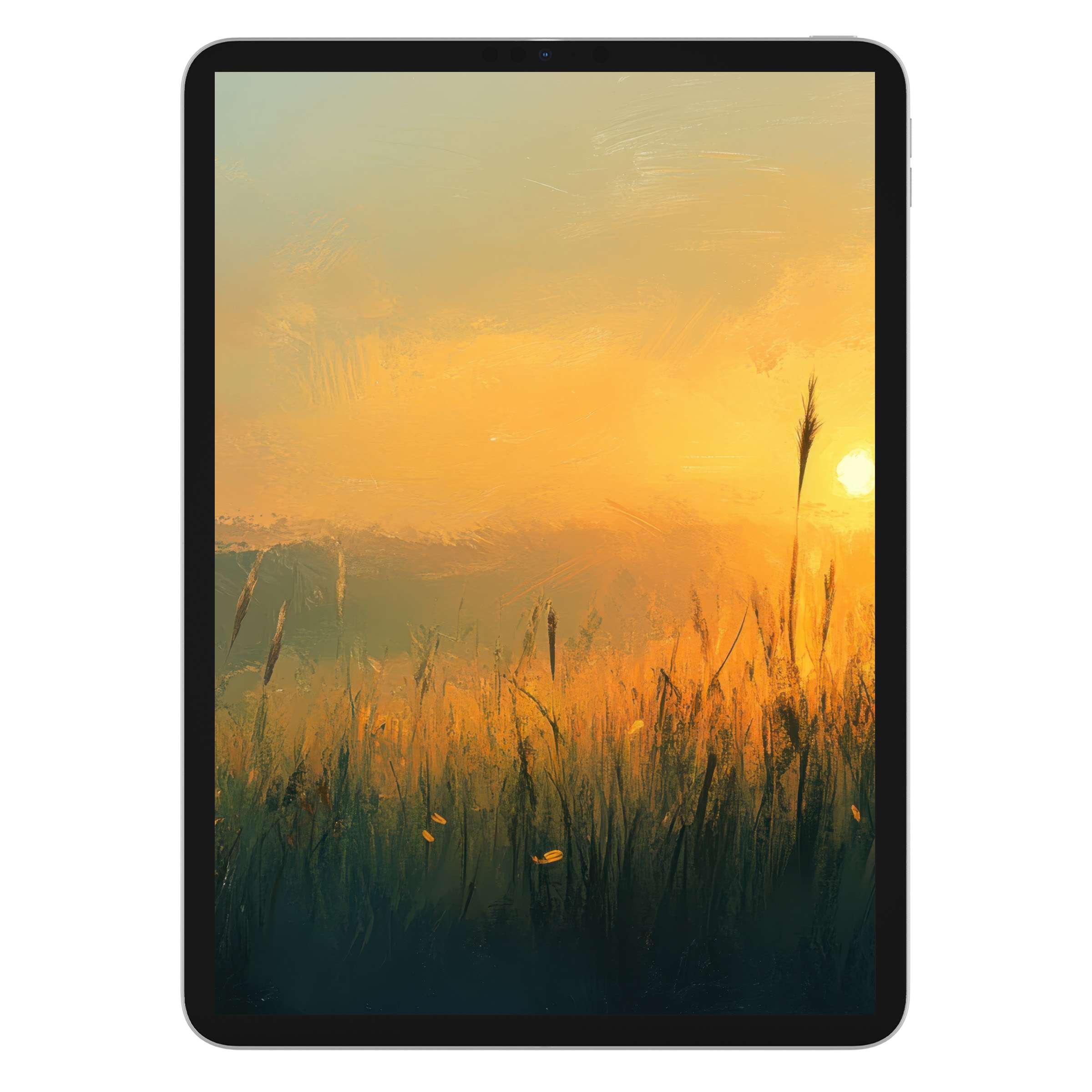 Golden sunset over serene fields creates an inspiring landscape iPad wallpaper, ideal tablet background for digital download tranquility
