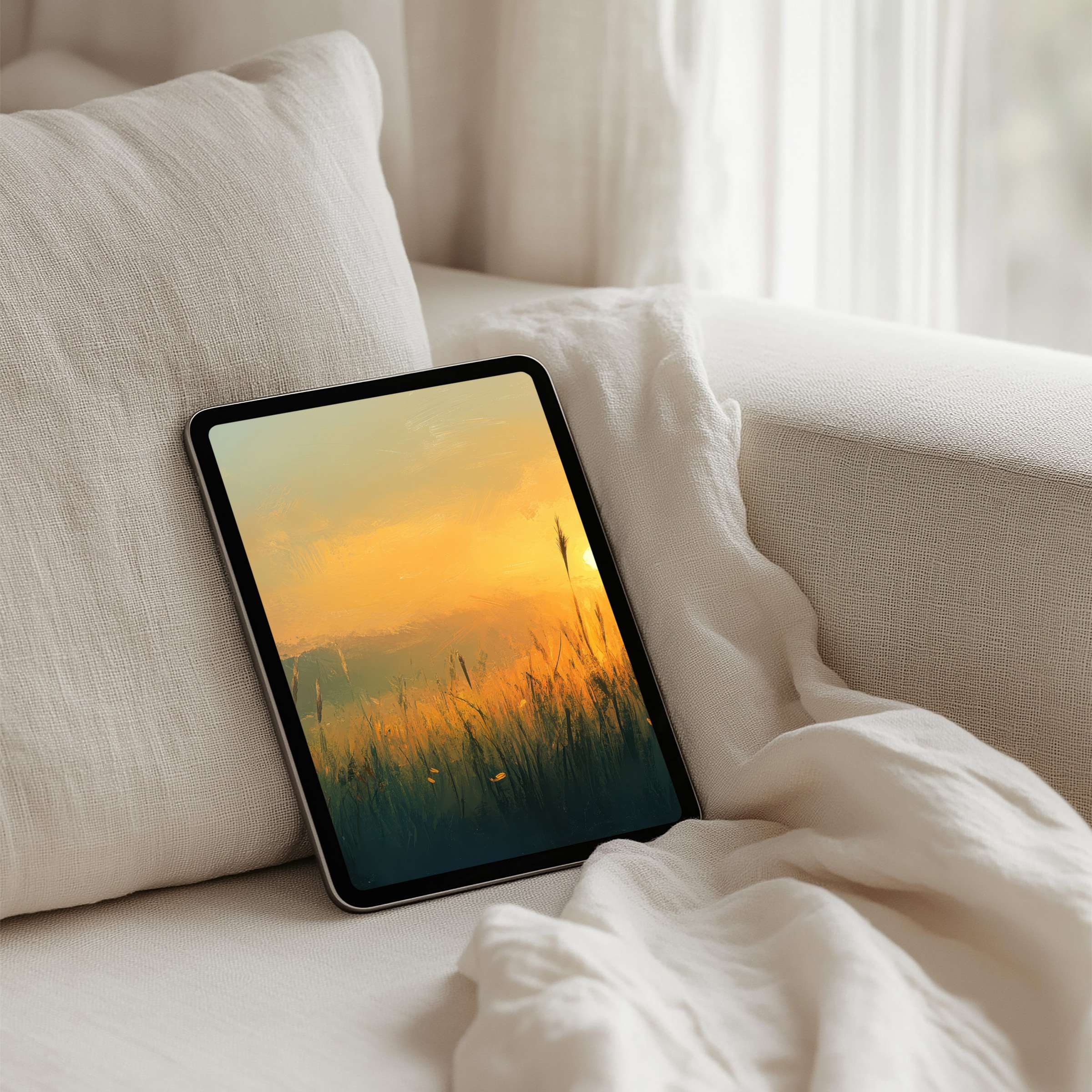 Elegant iPad background with warm sunrise hues and calming nature scene for instant download on any tablet device