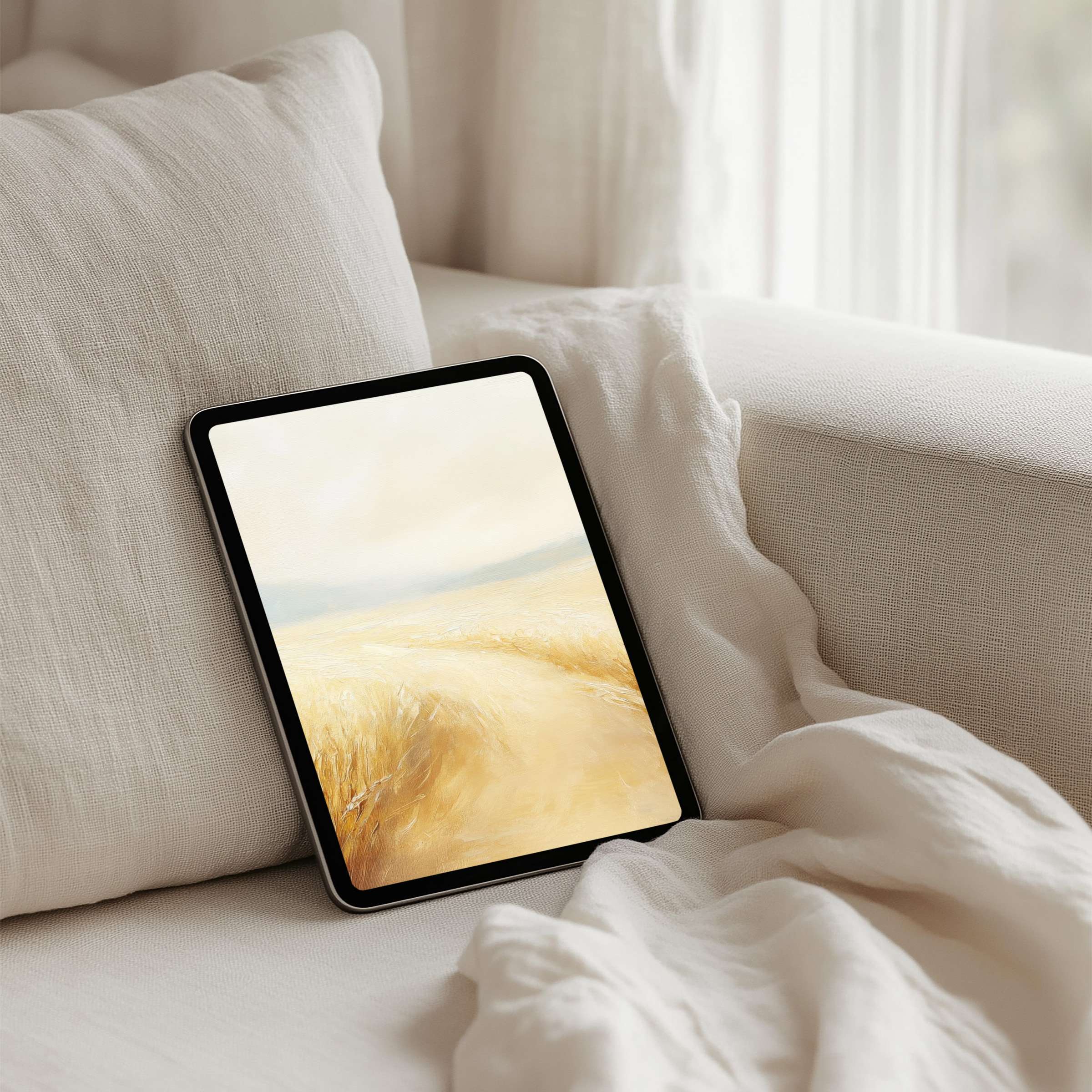 Elegant iPad background with serene wheat field art offering instant download for tablet users seeking calm inspiration