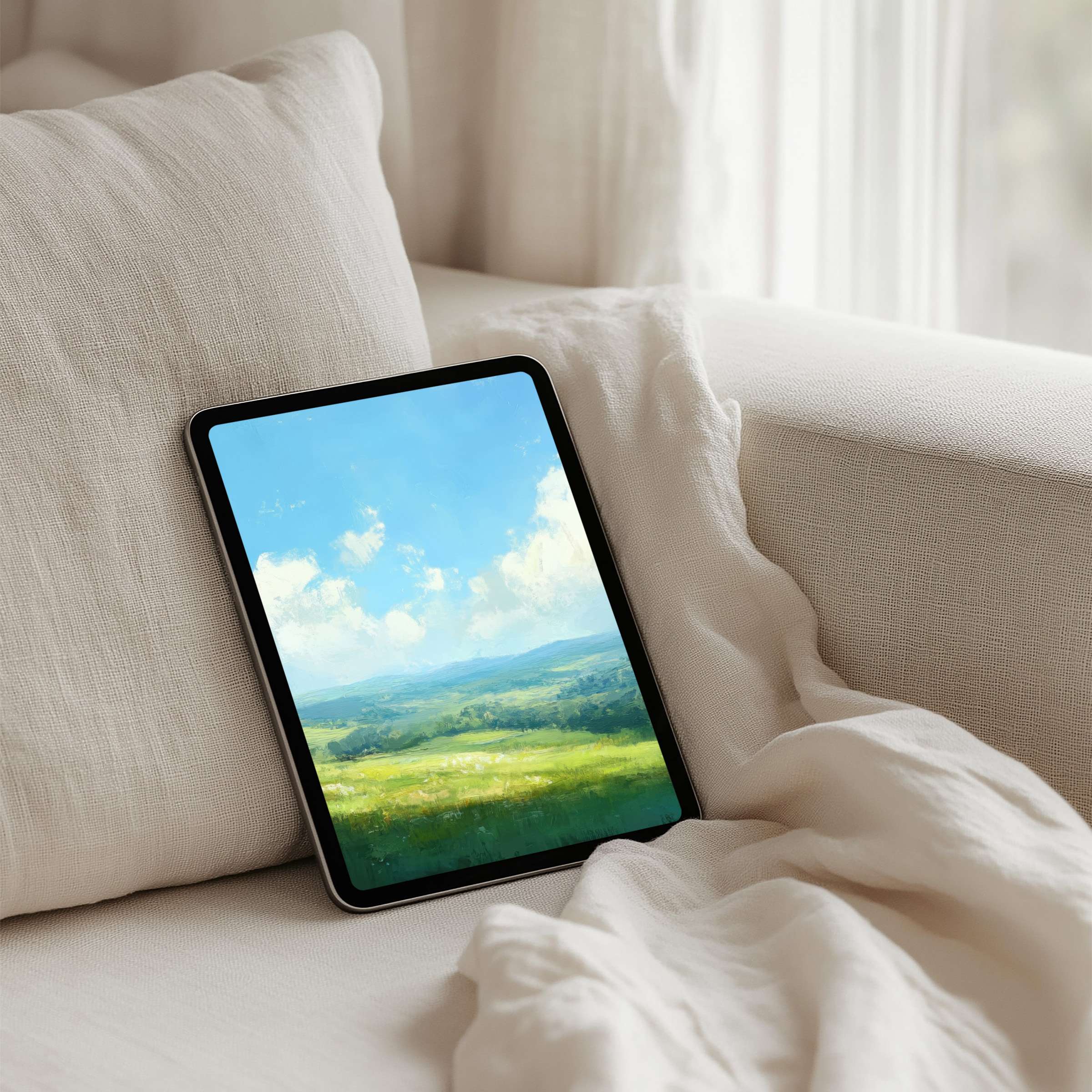 Serene landscape iPad background on cozy sofa offers instant download for iPad and tablet users seeking calm and inspiration