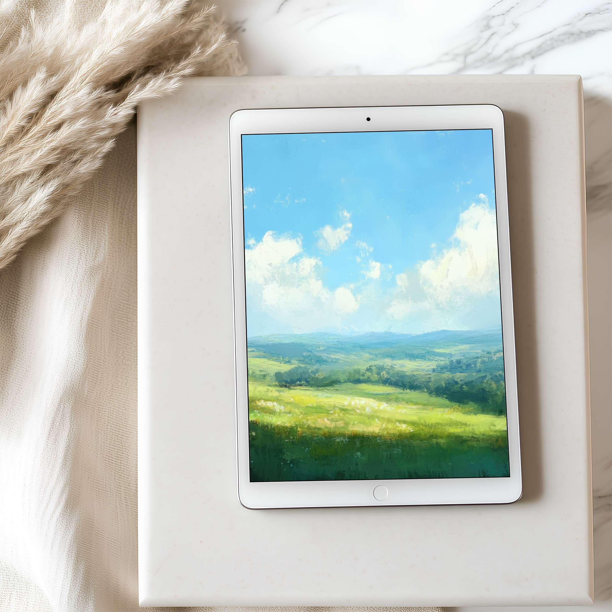 Elegant tablet wallpaper featuring serene green landscape under blue sky displayed on iPad, perfect for high resolution digital download