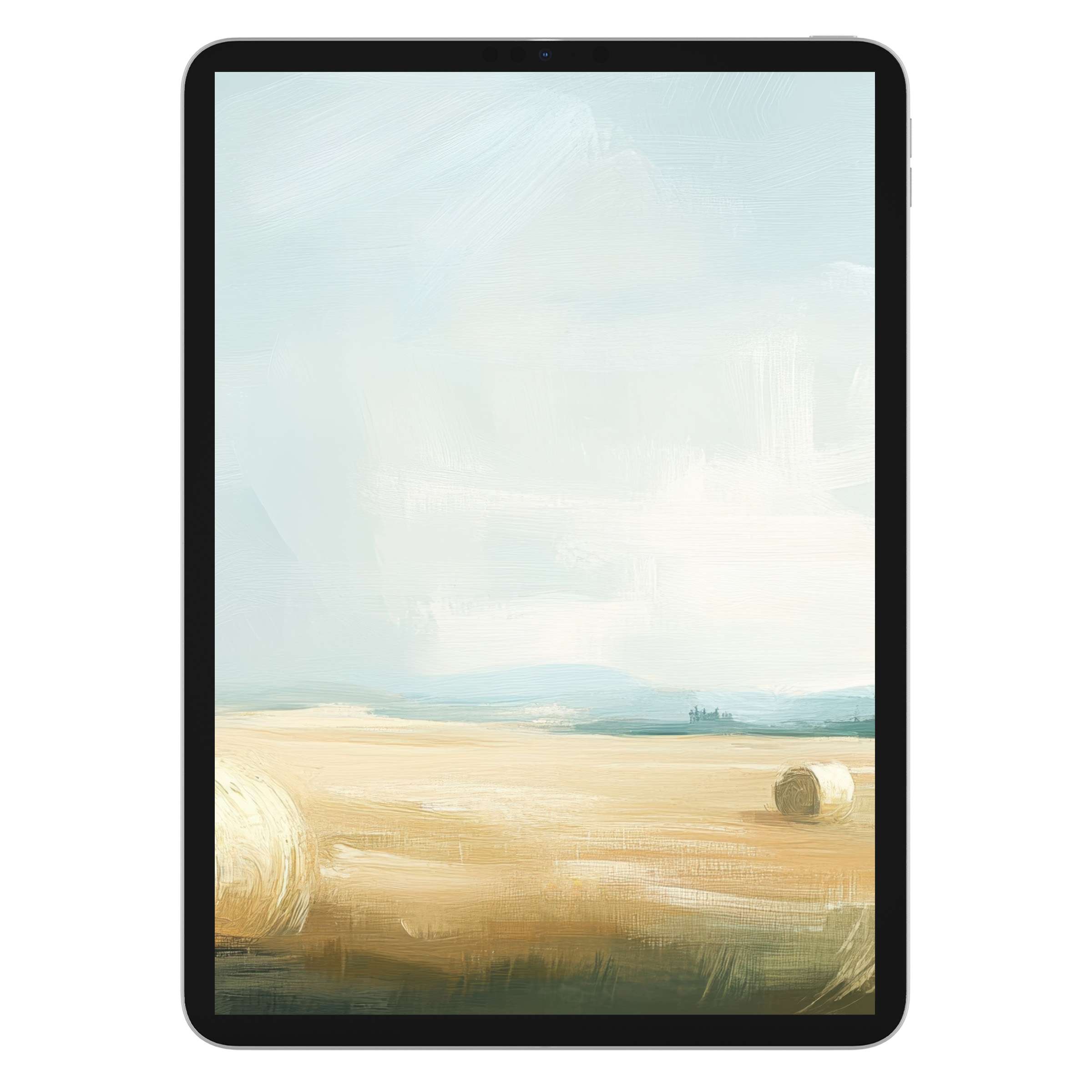Elegant landscape iPad wallpaper featuring serene pastel fields and sky, perfect tablet background digital download for calm vibes