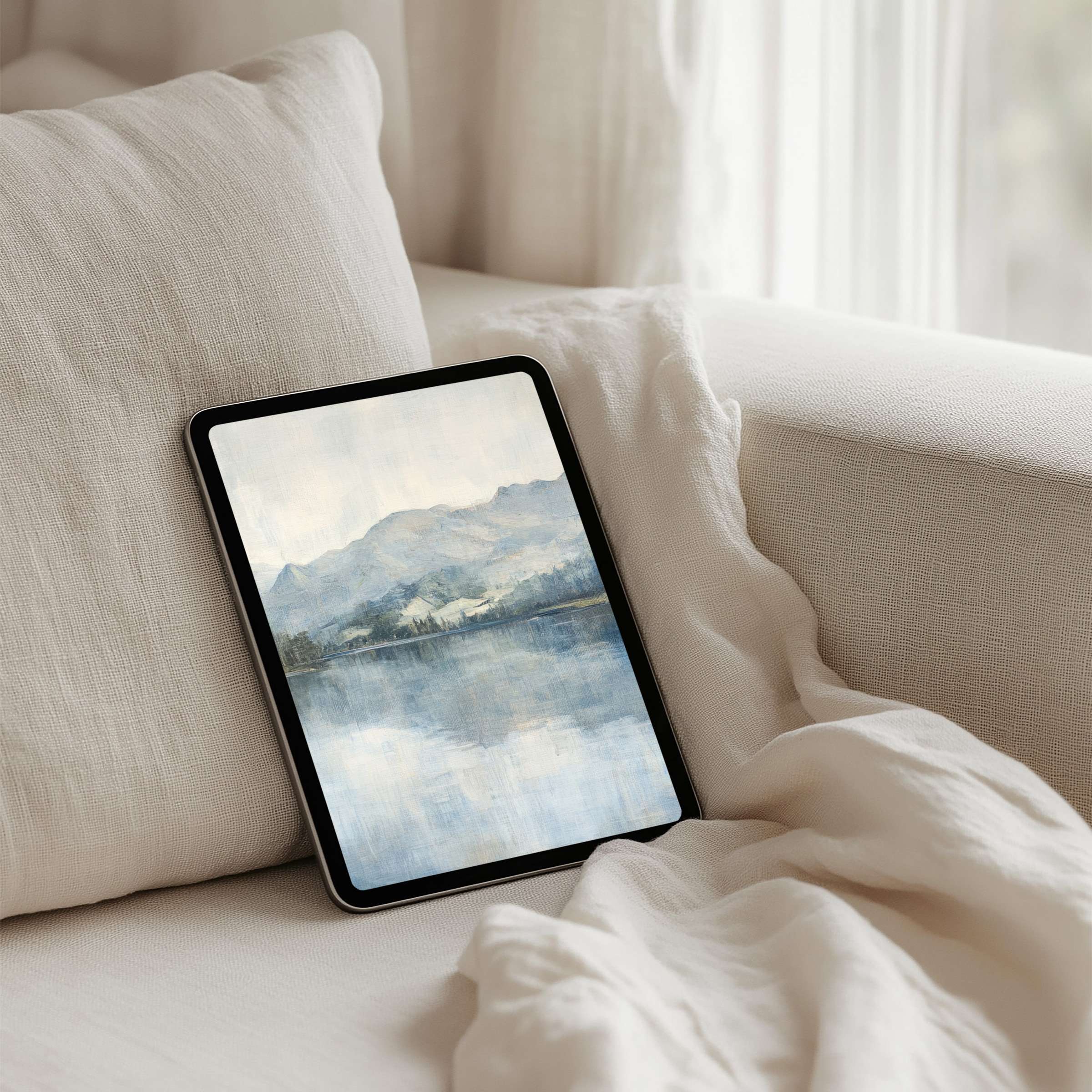 Tranquil mountain scene on an iPad background offers instant download for tablet users seeking elegance, calm, and inspiration