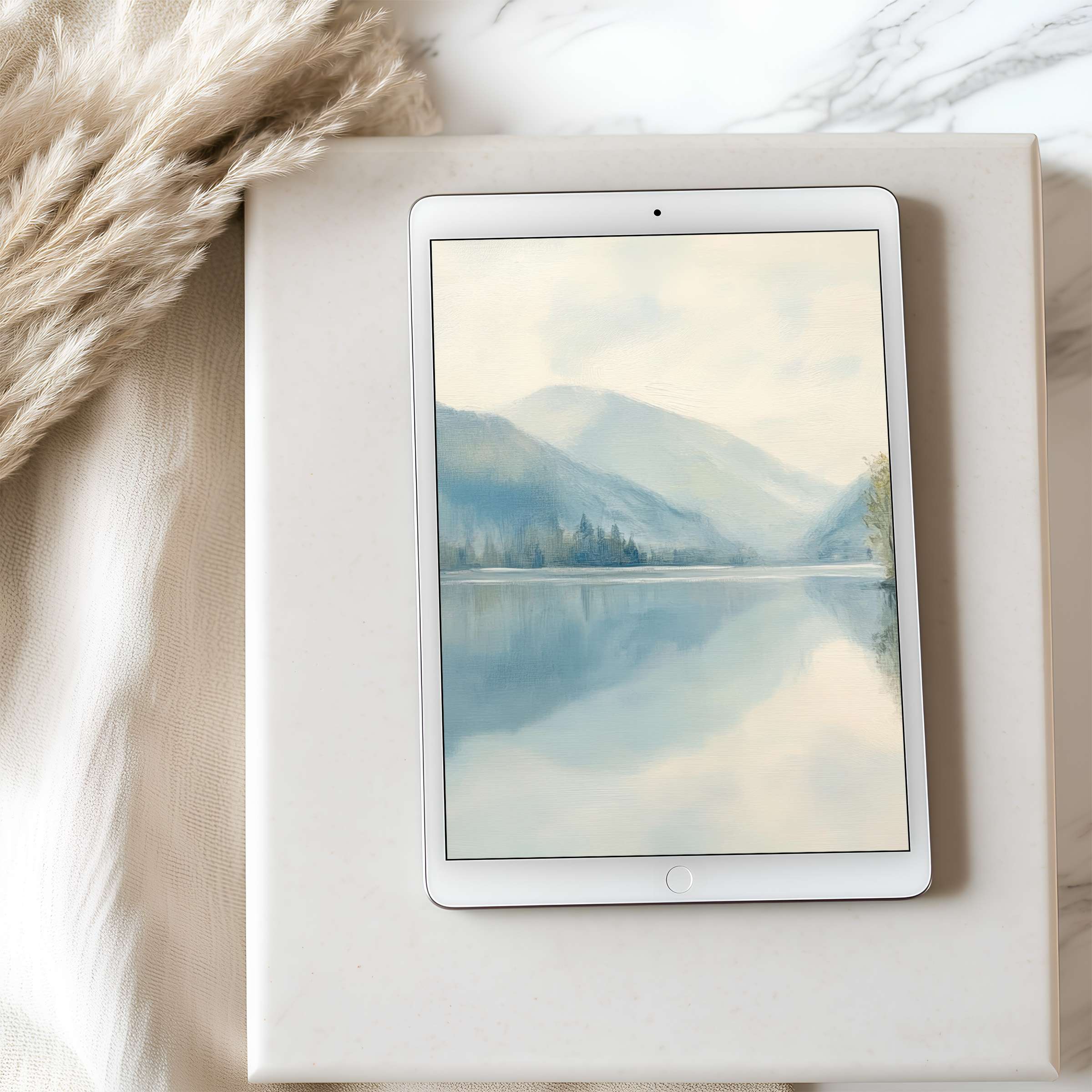 Serene tablet wallpaper featuring misty blue mountains and calm lake, perfect for iPad high resolution digital download, aesthetic tranquility