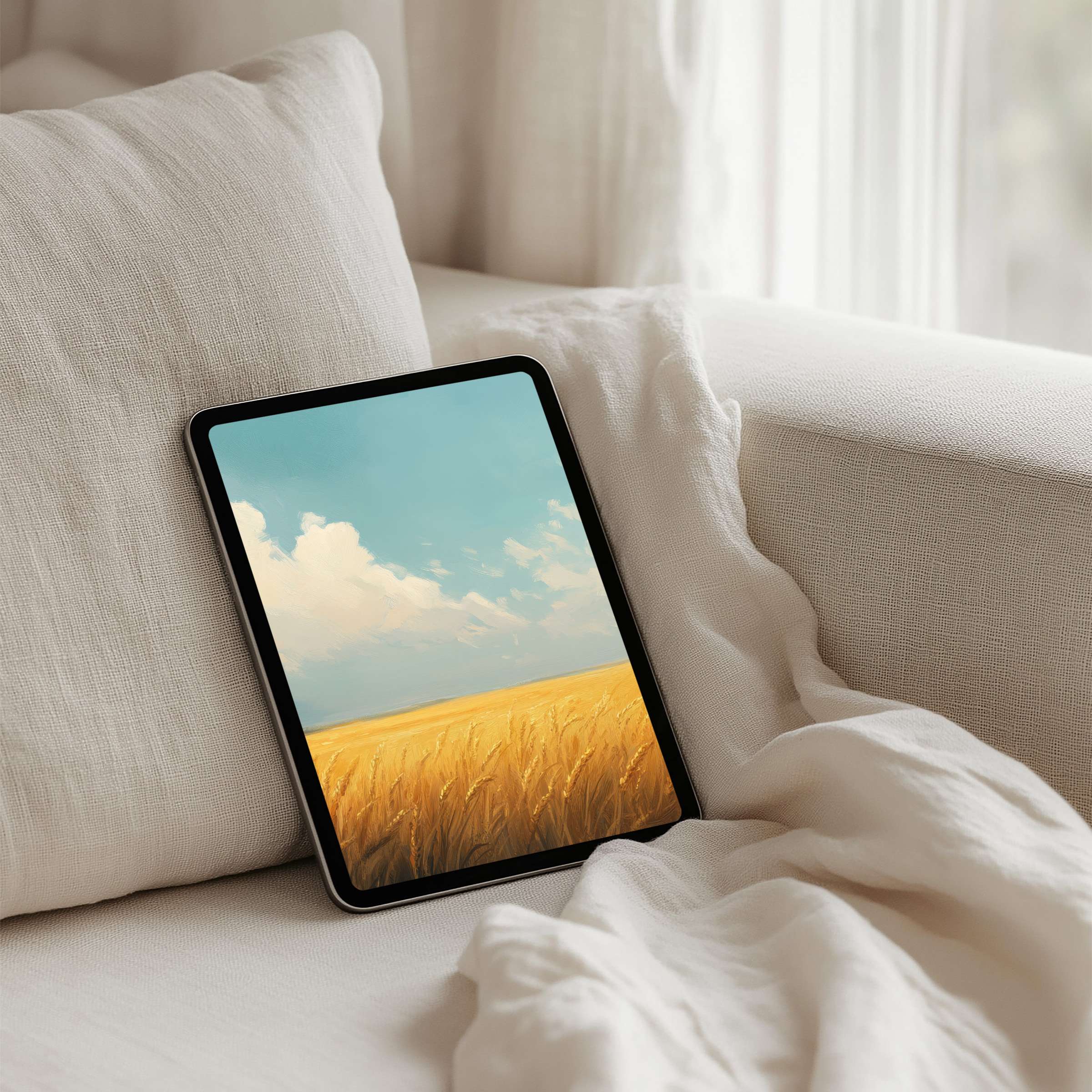 Tranquil wheat field digital art for iPad background as an instant download inspires calm elegance for any tablet device