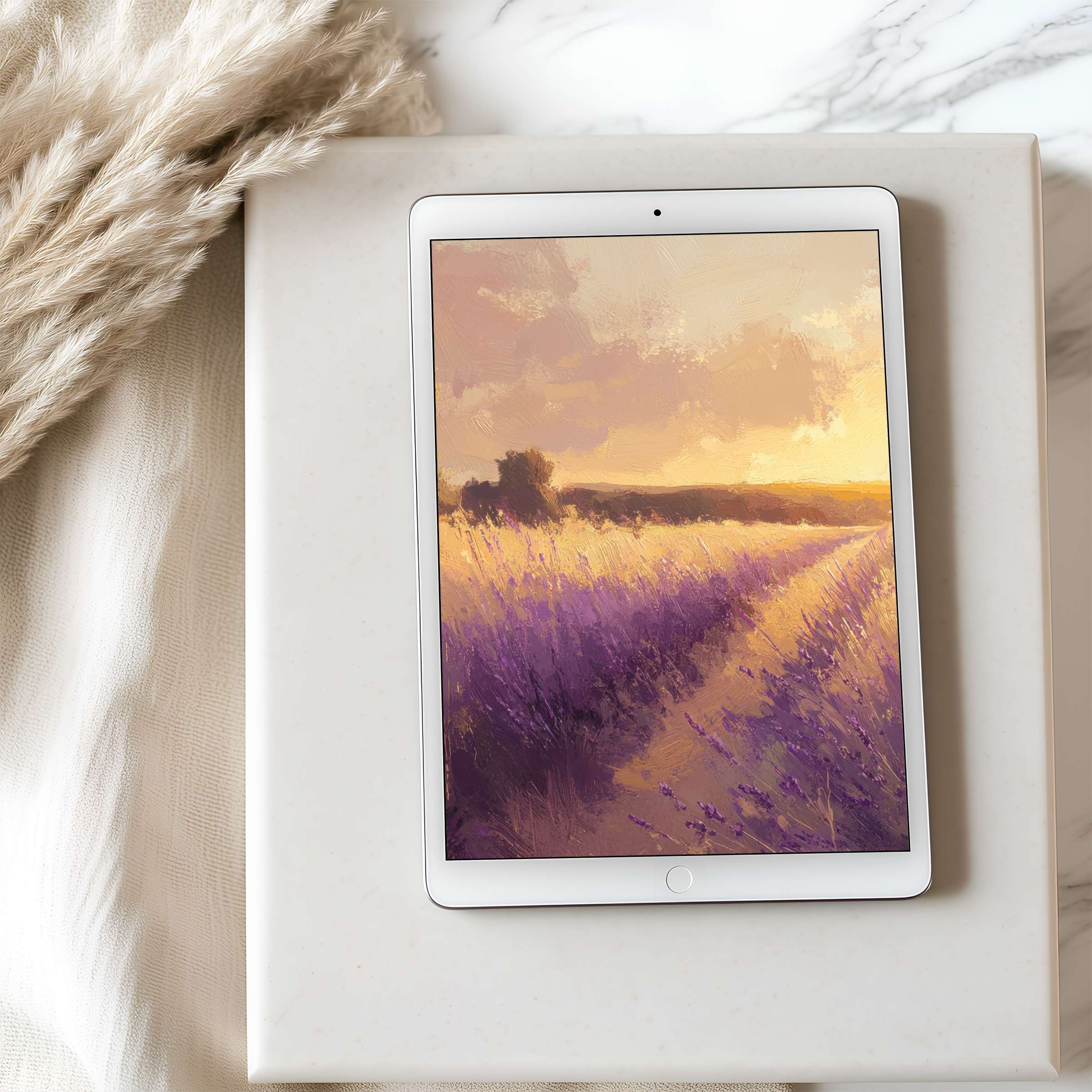 Elegant tablet wallpaper featuring serene lavender fields at sunset, perfect for iPad and Android tablets, available for digital download