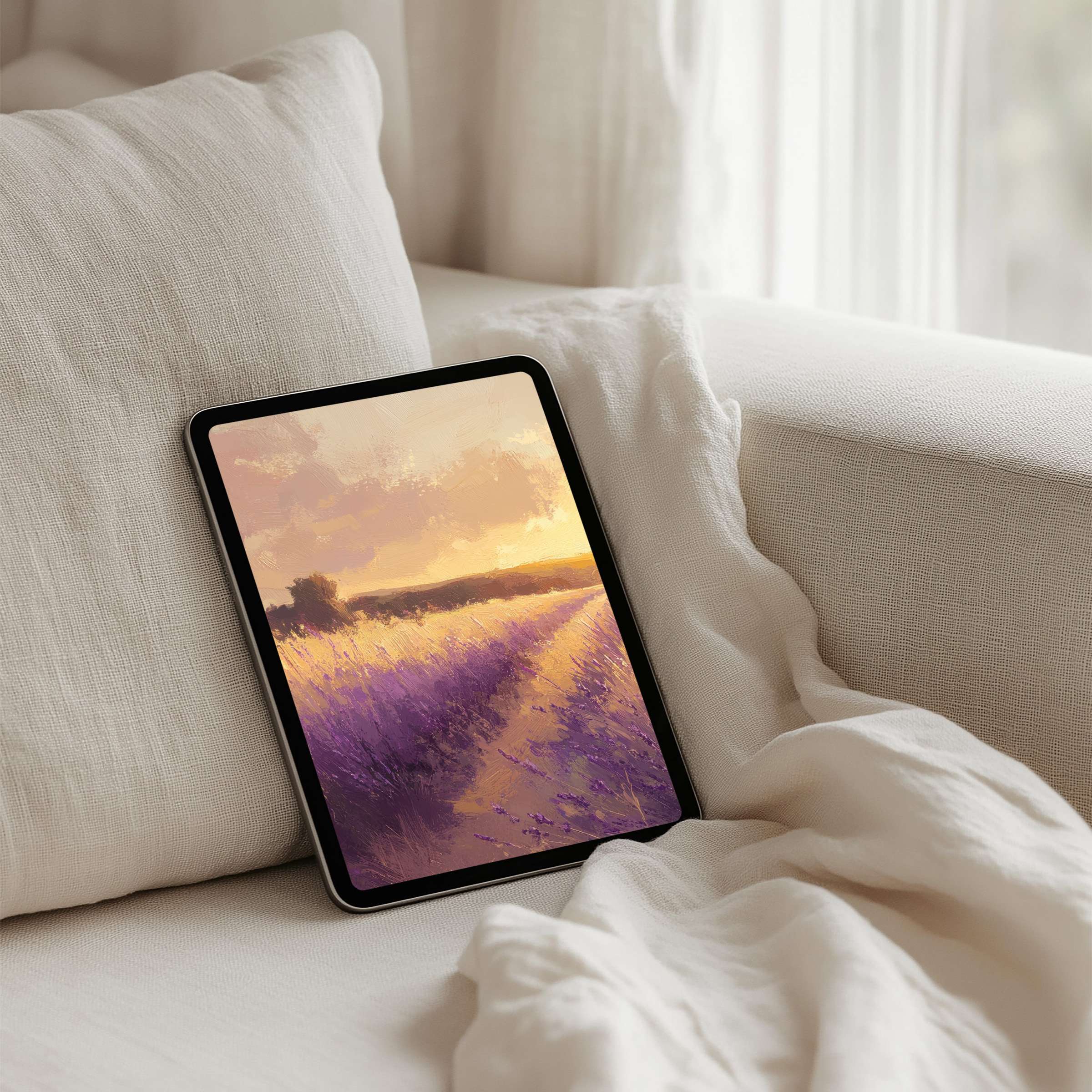 Elegant iPad background art featuring a serene lavender field at sunset for instant download on any tablet inspiring calm mindfulness