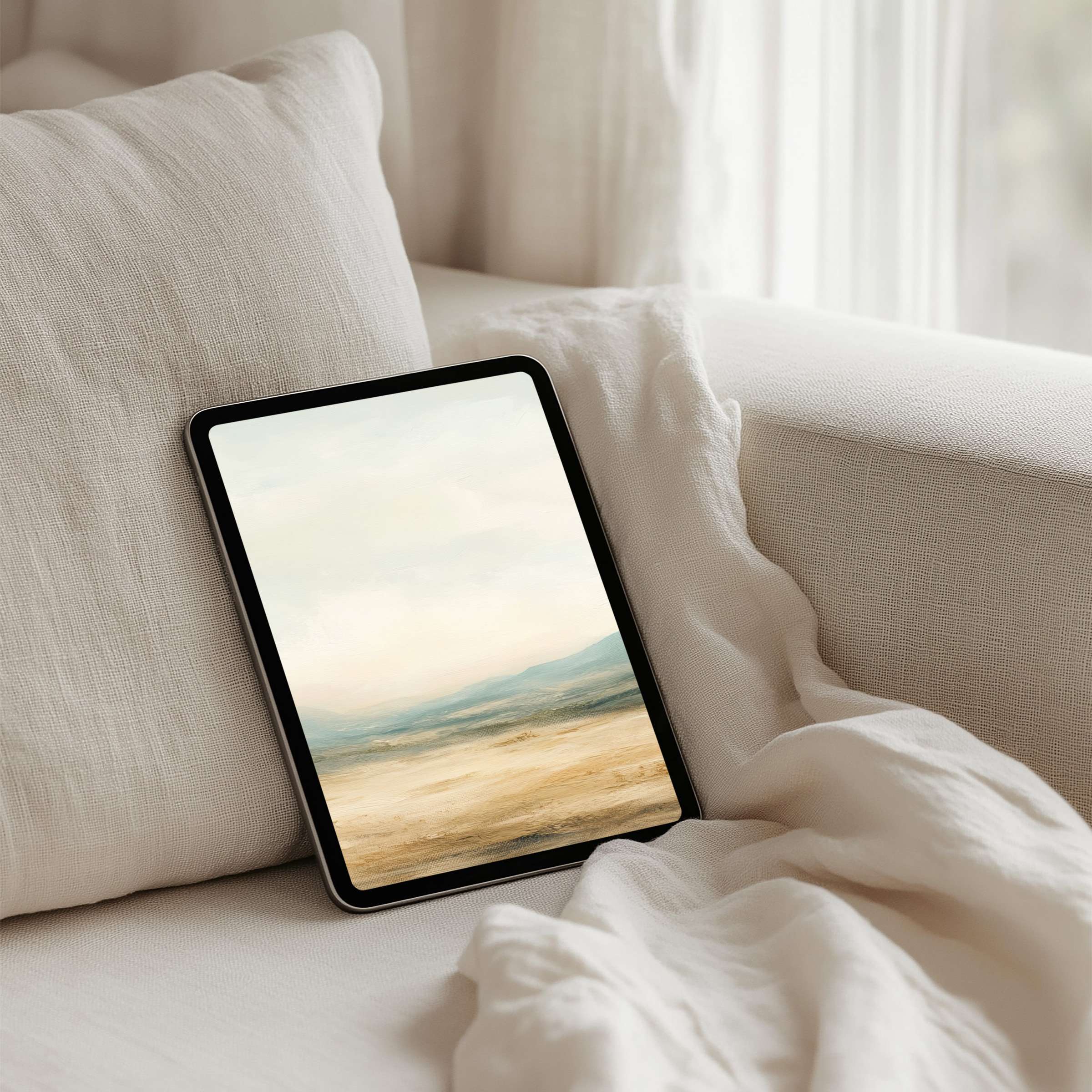 Serene landscape iPad background on a tablet evoking calm and elegance, perfect for instant download and mindful relaxation