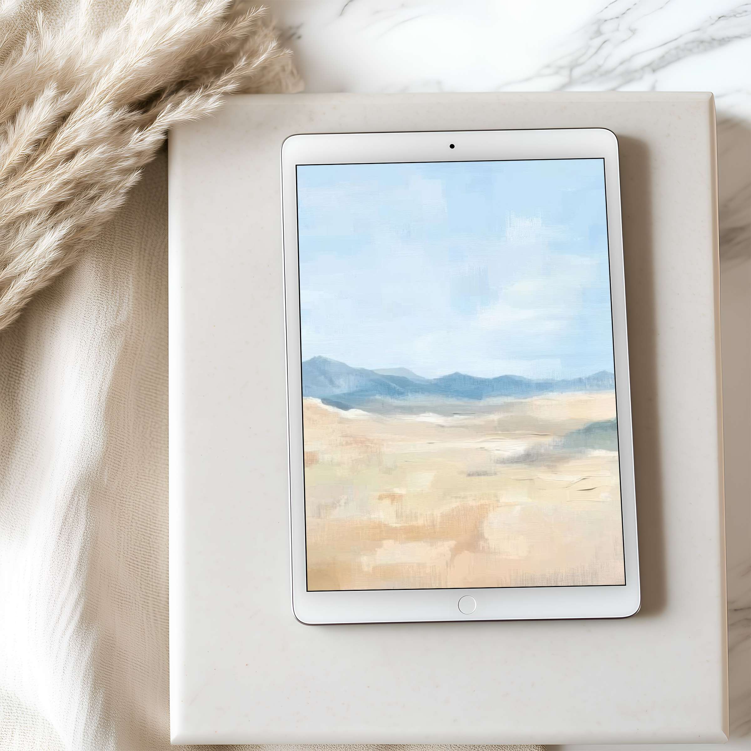 Serene landscape tablet wallpaper in soft pastels, perfect for iPad or Android, offering tranquility and elegance, digital download