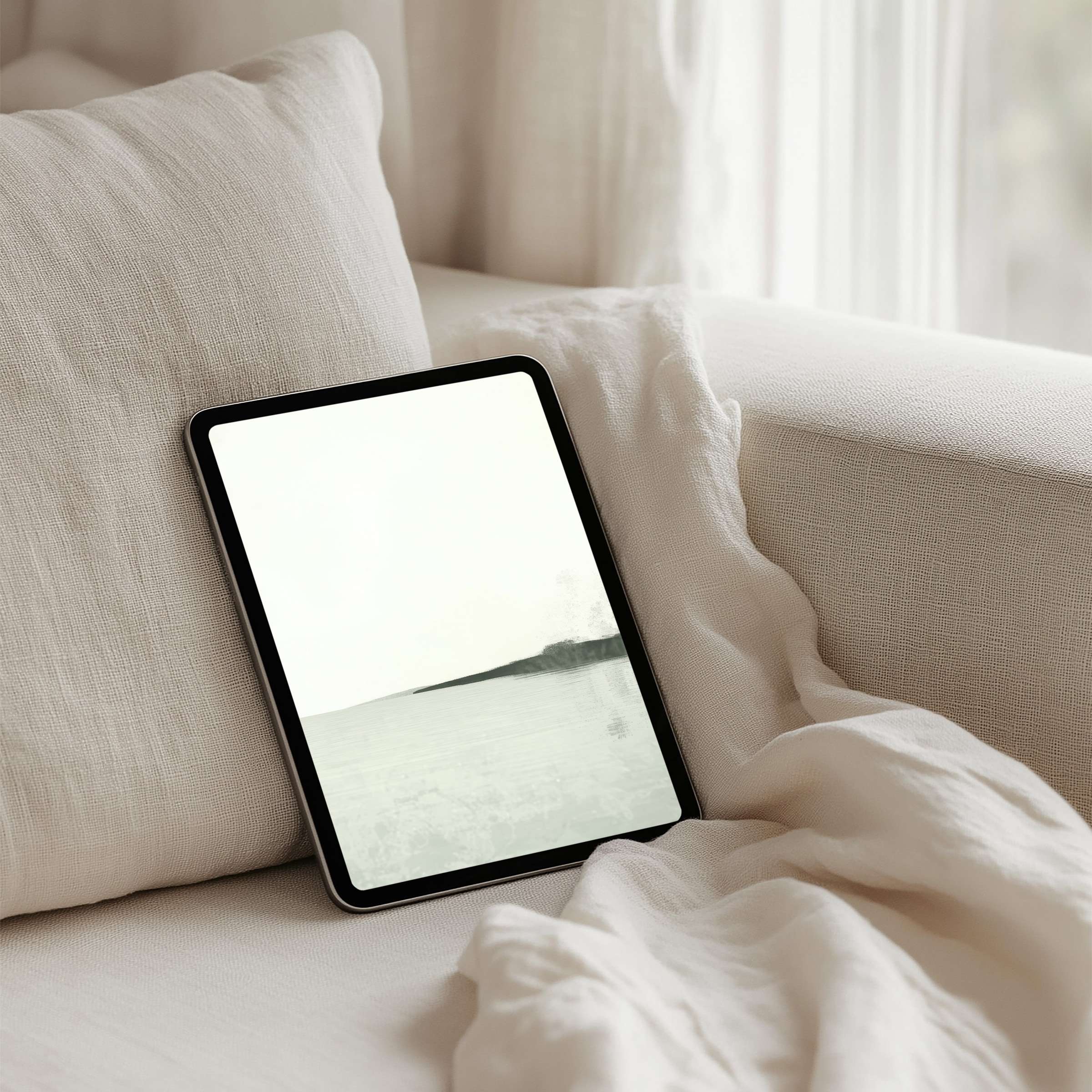 Elegant grayscale iPad background for instant download inspires calm and mindfulness on any tablet nestled in serene, soft fabrics